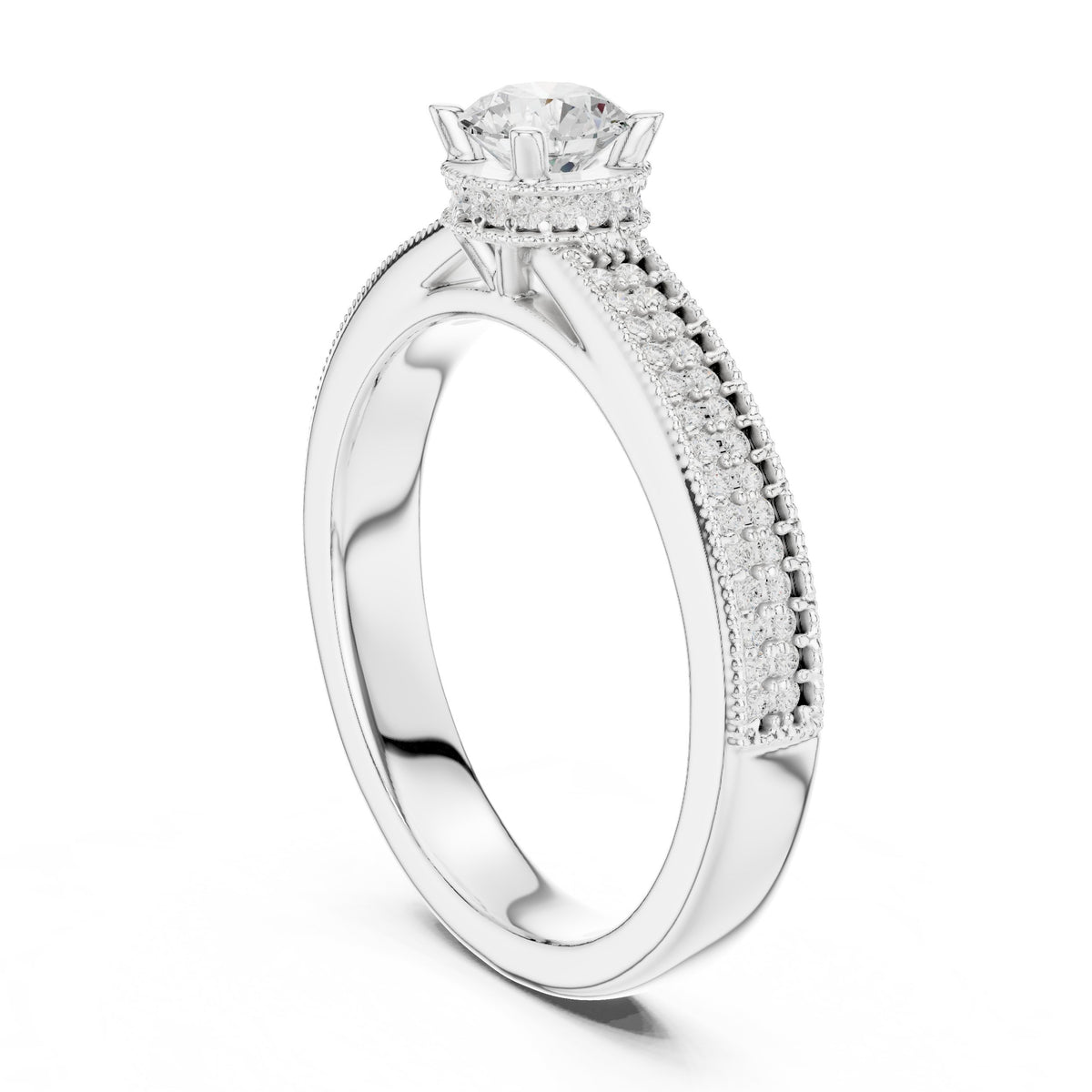 Round Diamond Engagement Ring with Multi-Row Pavé Milgrain Band