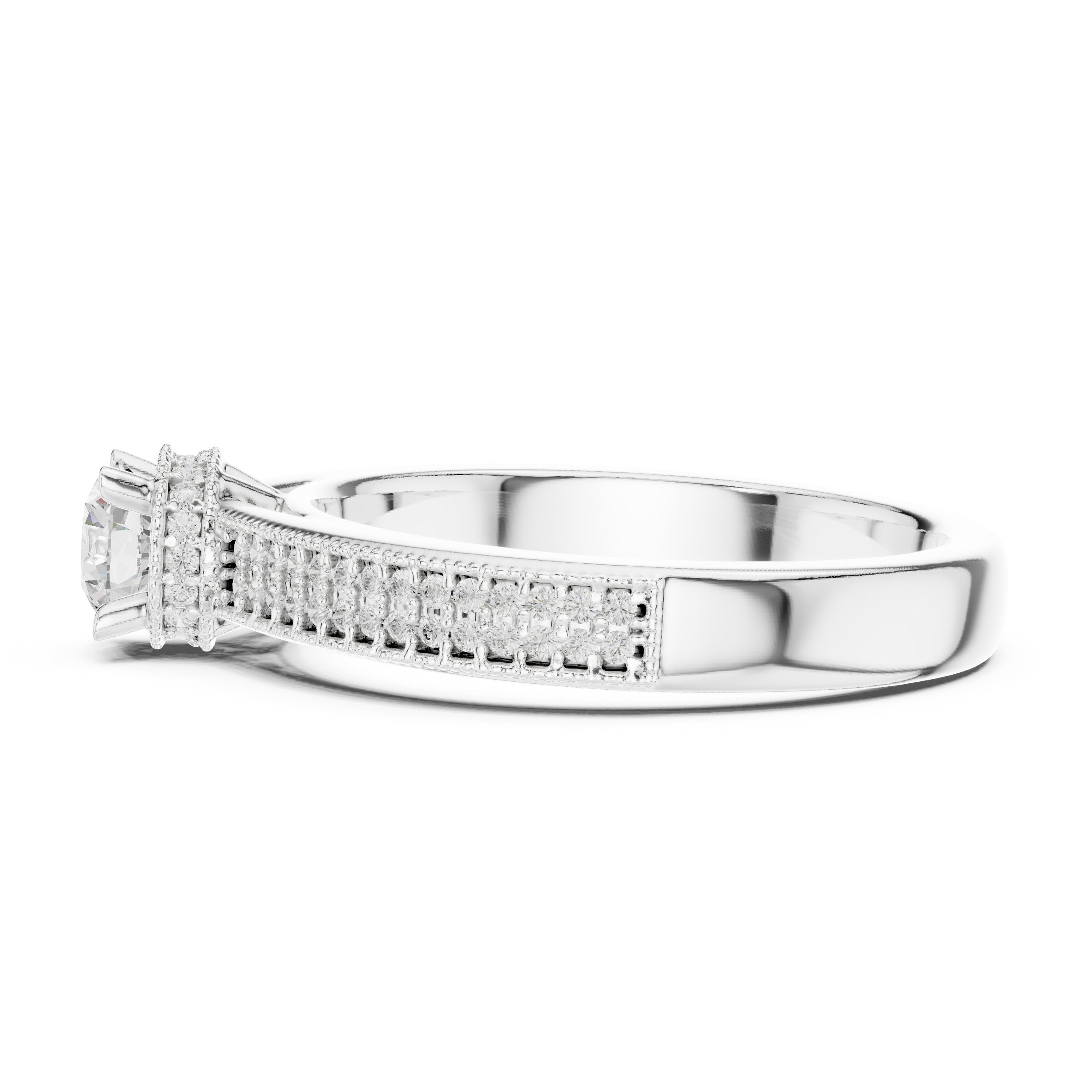 Round Diamond Engagement Ring with Multi-Row Pavé Milgrain Band in White Gold - VYKA Diamonds