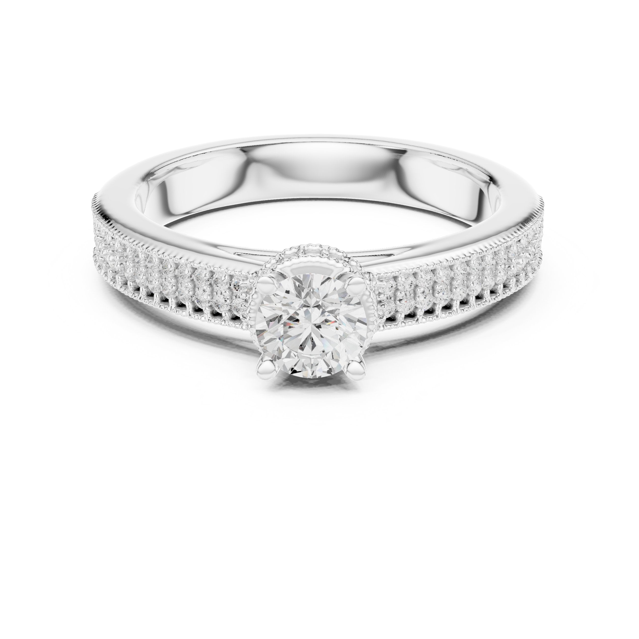 Round Diamond Engagement Ring with Multi-Row Pavé Milgrain Band in White Gold - VYKA Diamonds