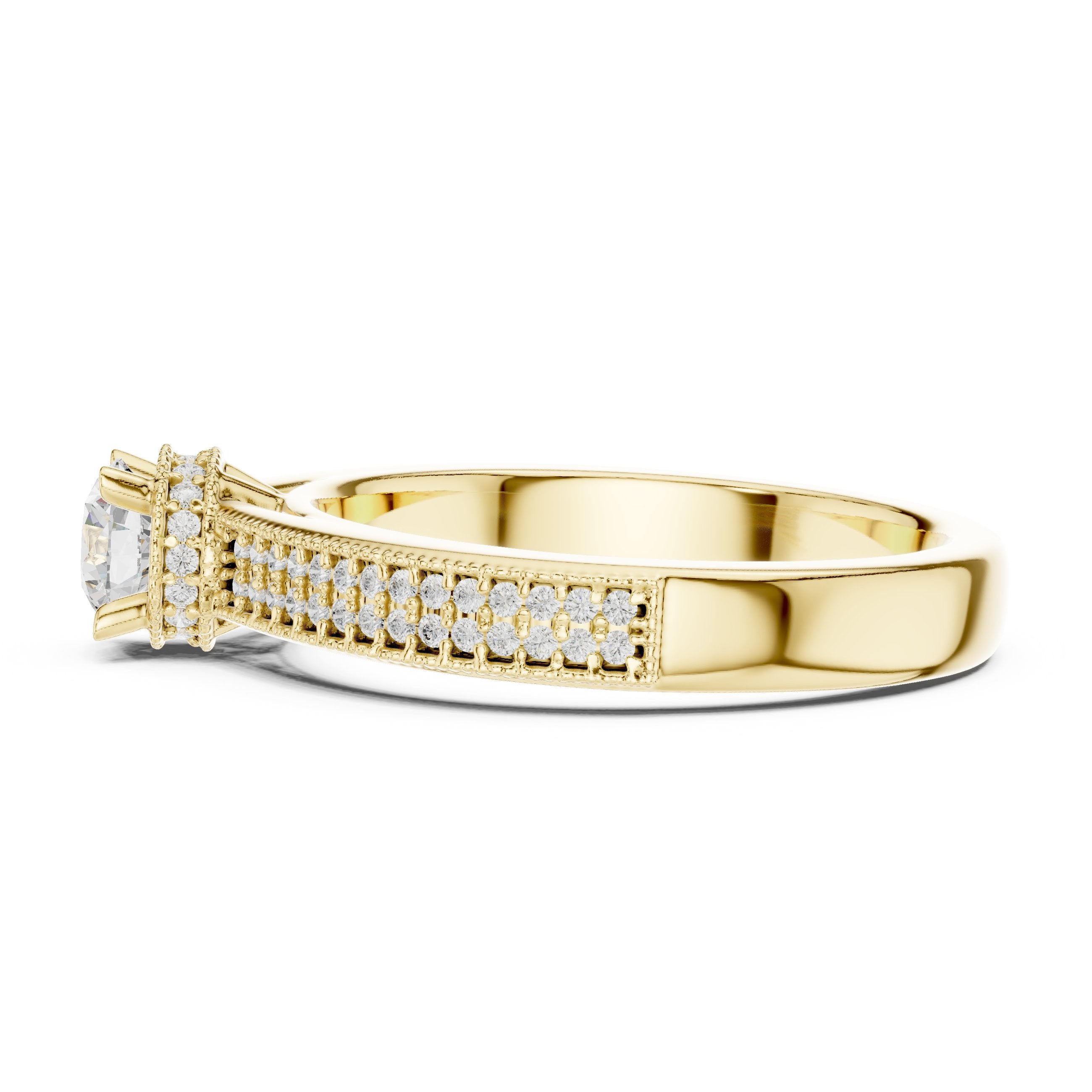 Round Diamond Engagement Ring with Multi-Row Pavé Milgrain Band in Yellow Gold - VYKA Diamonds