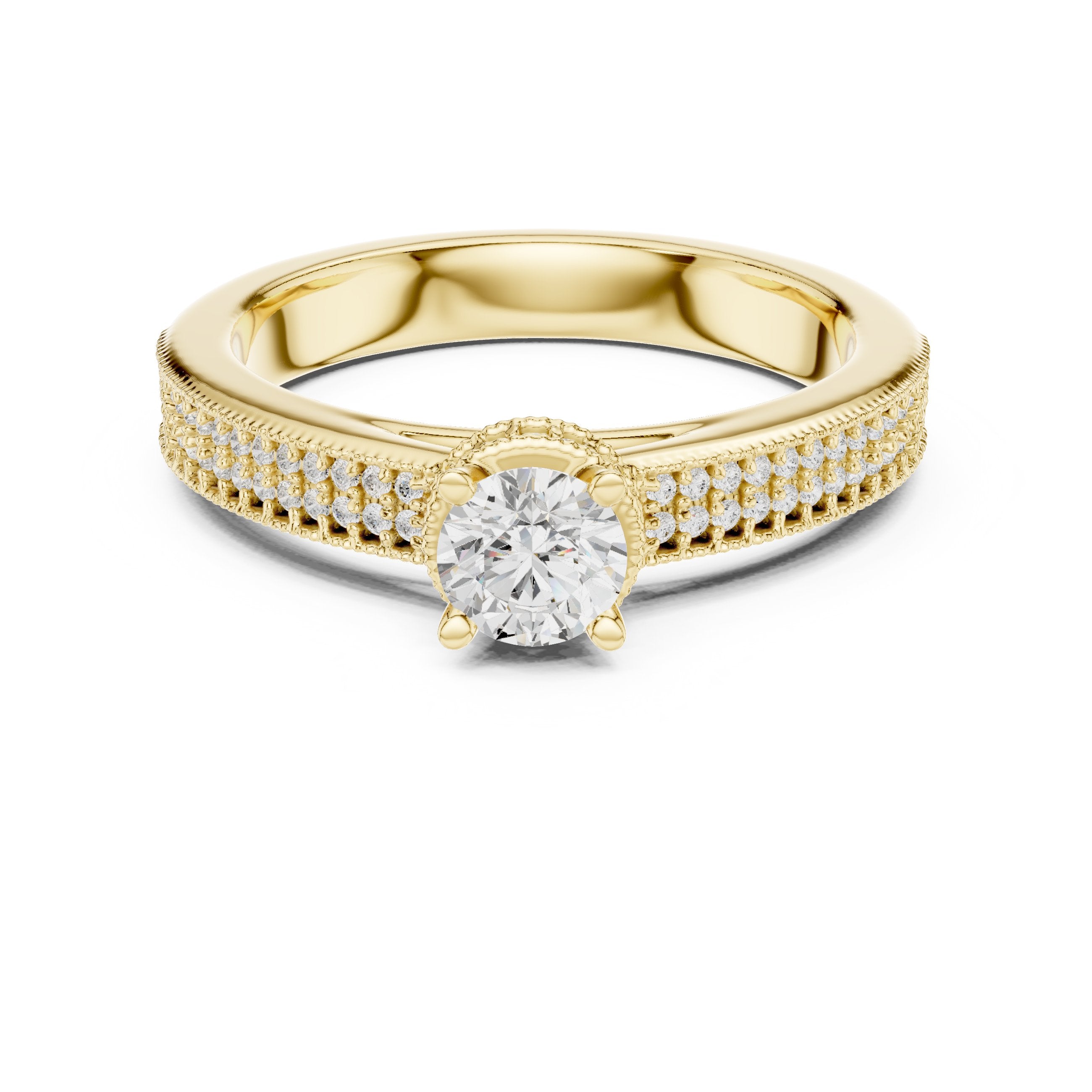 Round Diamond Engagement Ring with Multi-Row Pavé Milgrain Band in Yellow Gold - VYKA Diamonds