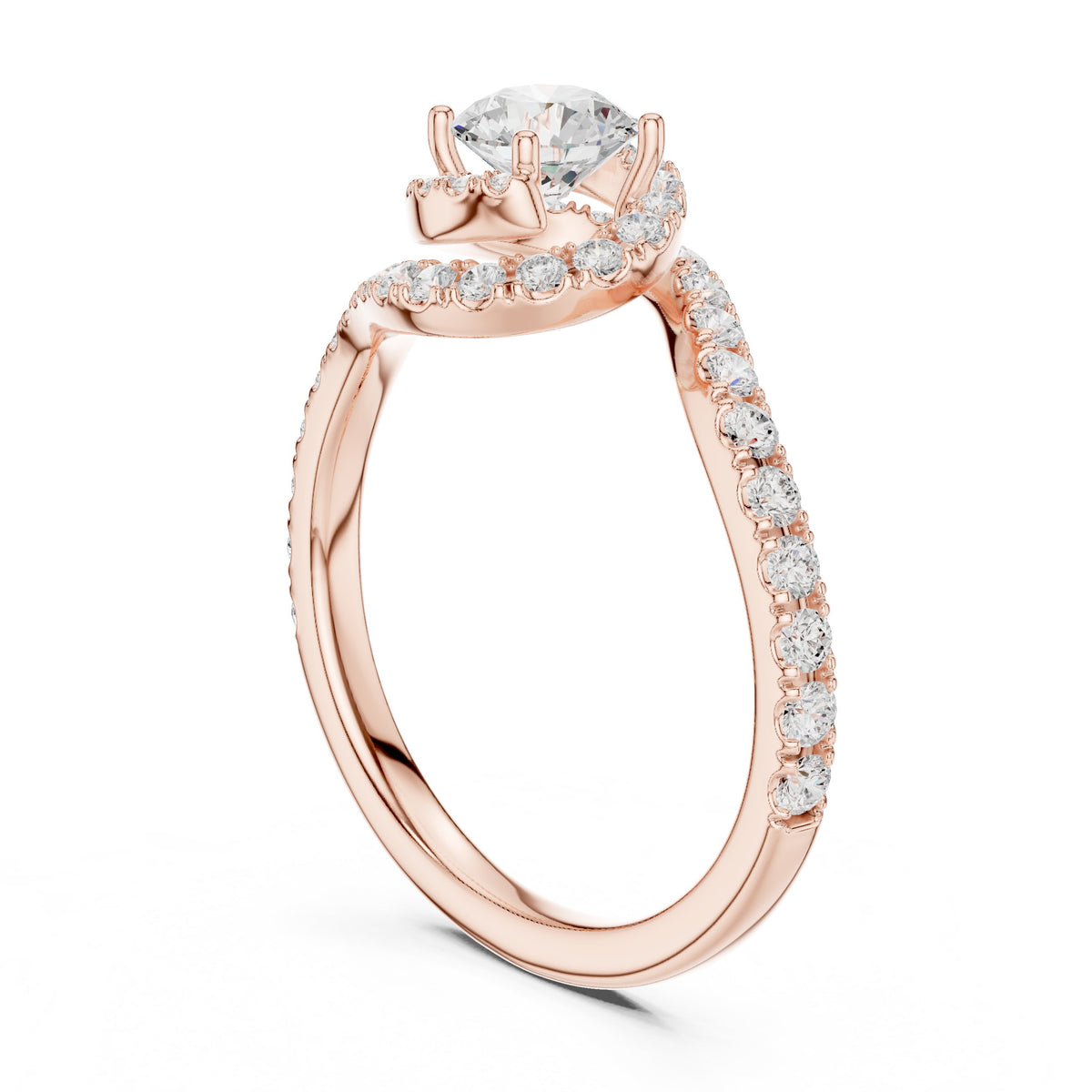 Round Diamond Halo Engagement Ring with Bypass Pavé Shank