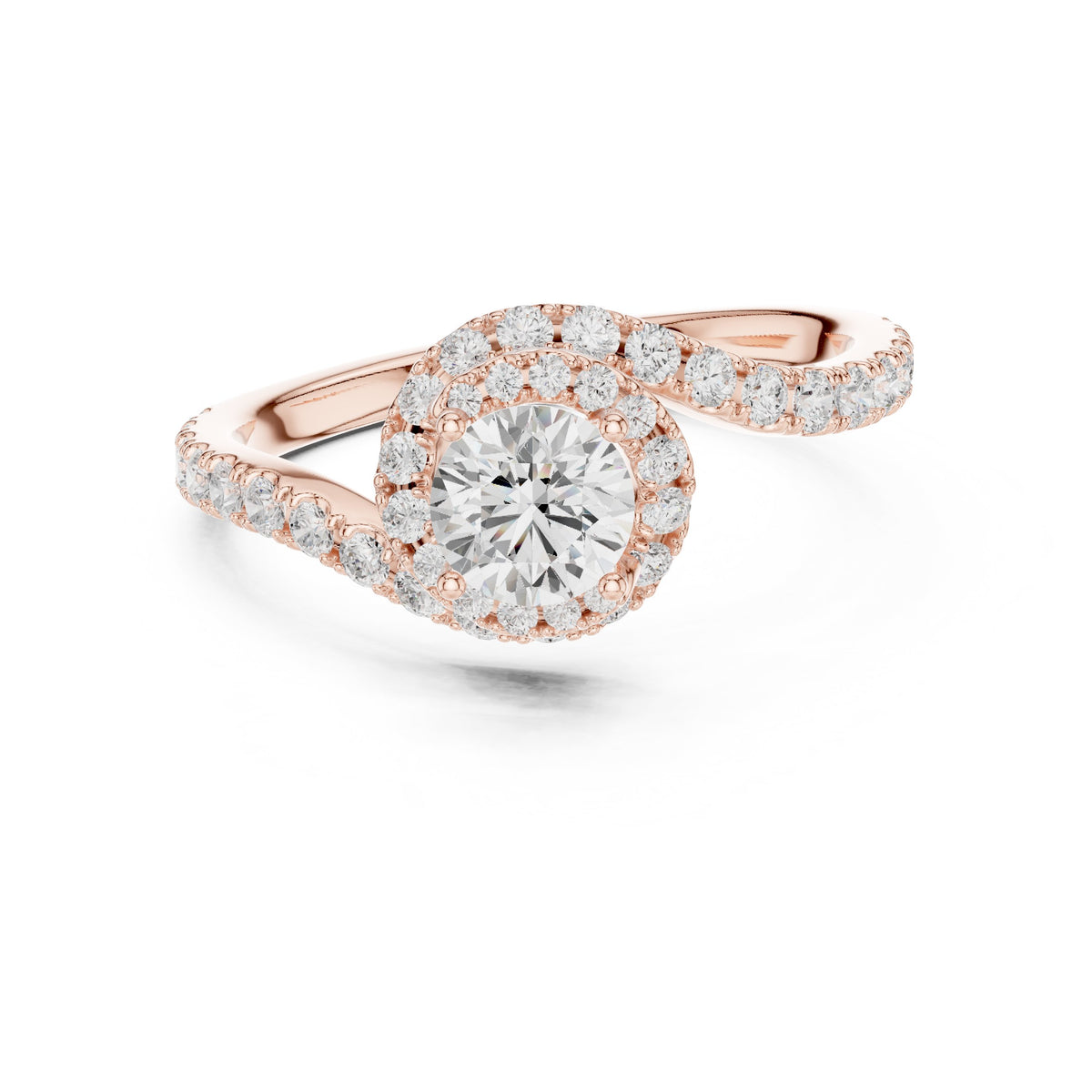 Round Diamond Halo Engagement Ring with Bypass Pavé Shank