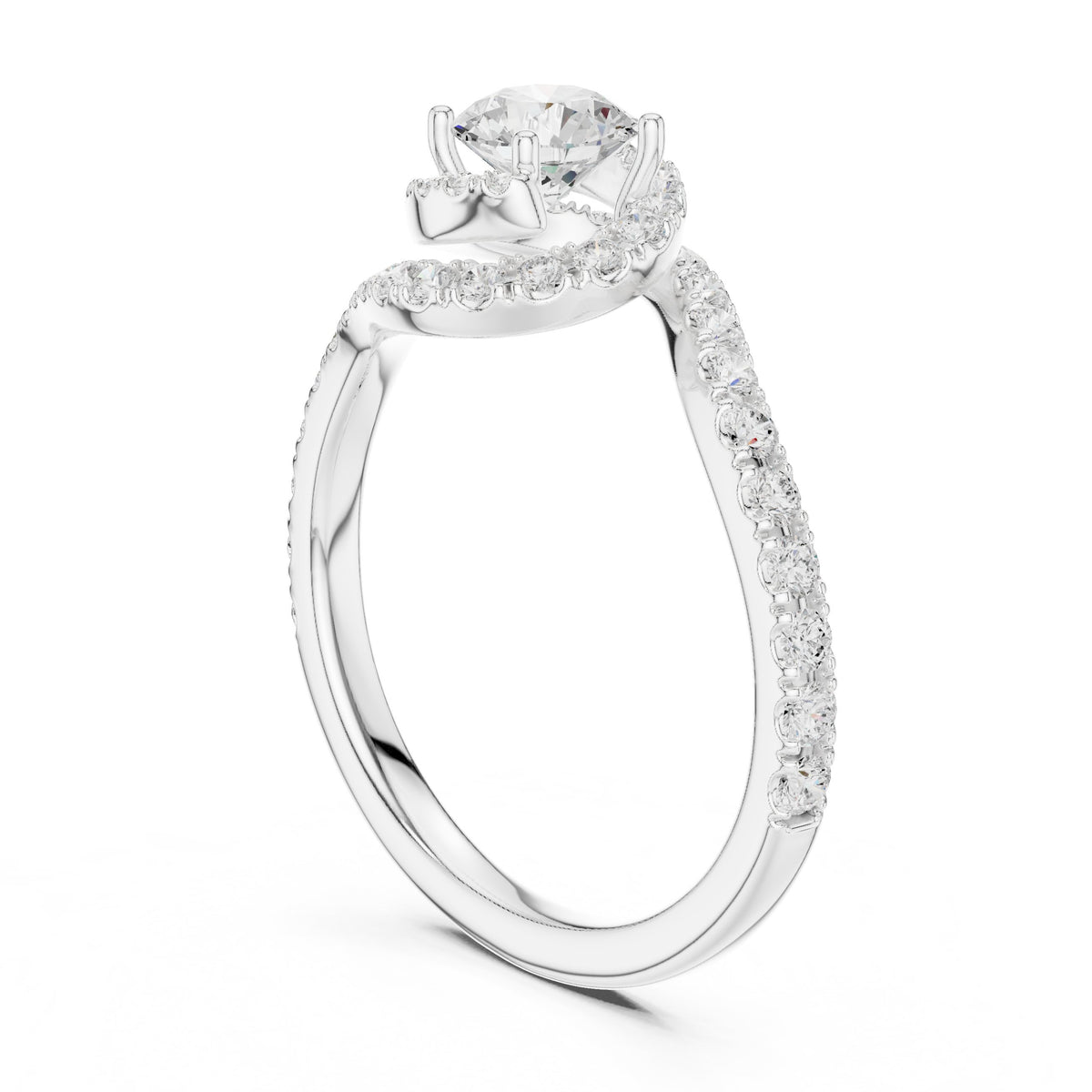 Round Diamond Halo Engagement Ring with Bypass Pavé Shank
