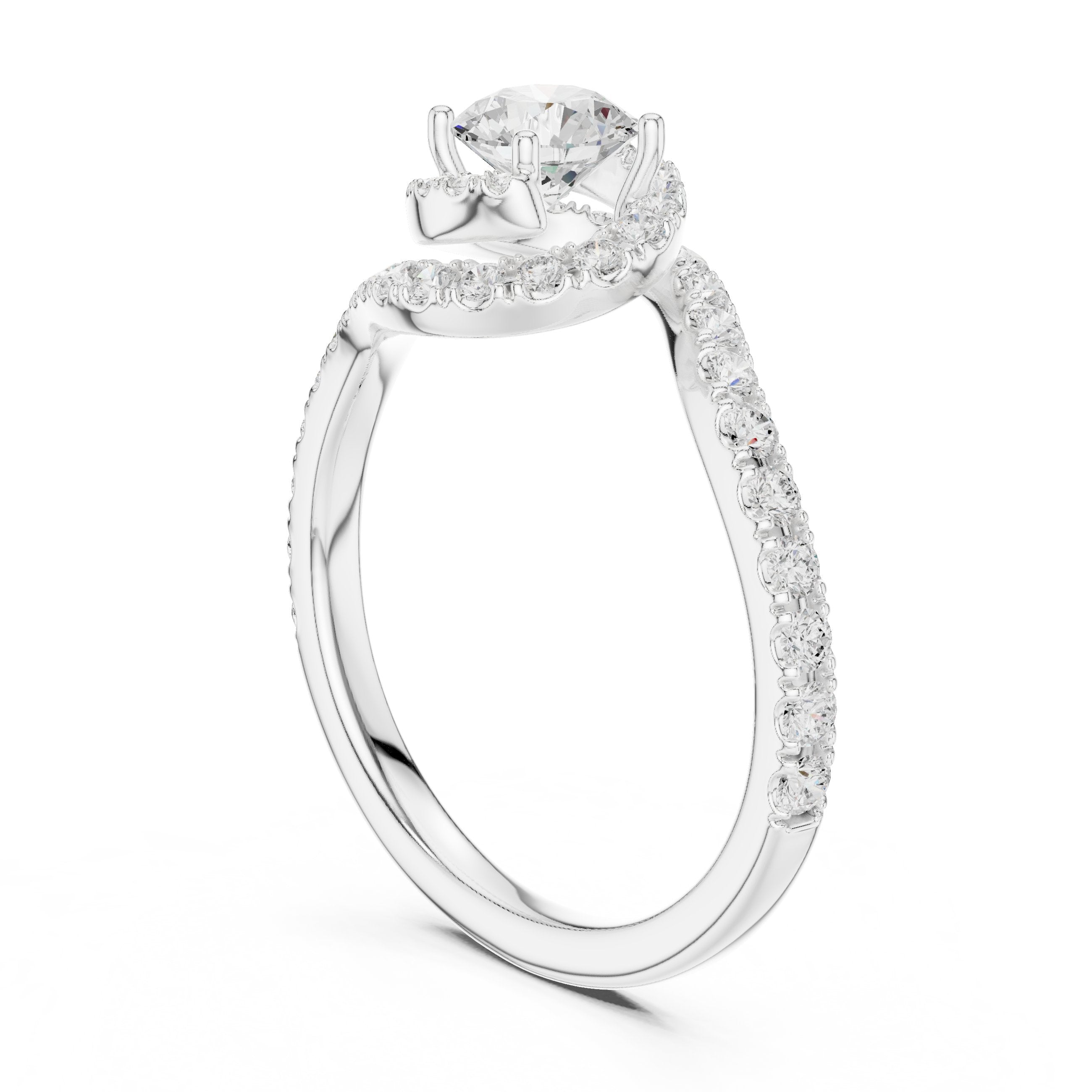 خاتم خطوبة ألماس مستدير بهالة وساق التفافي متقاطع بافيه in White Gold - VYKA Diamonds