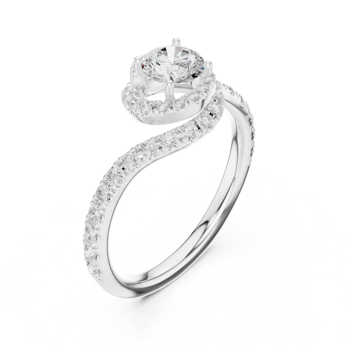Round Diamond Halo Engagement Ring with Bypass Pavé Shank