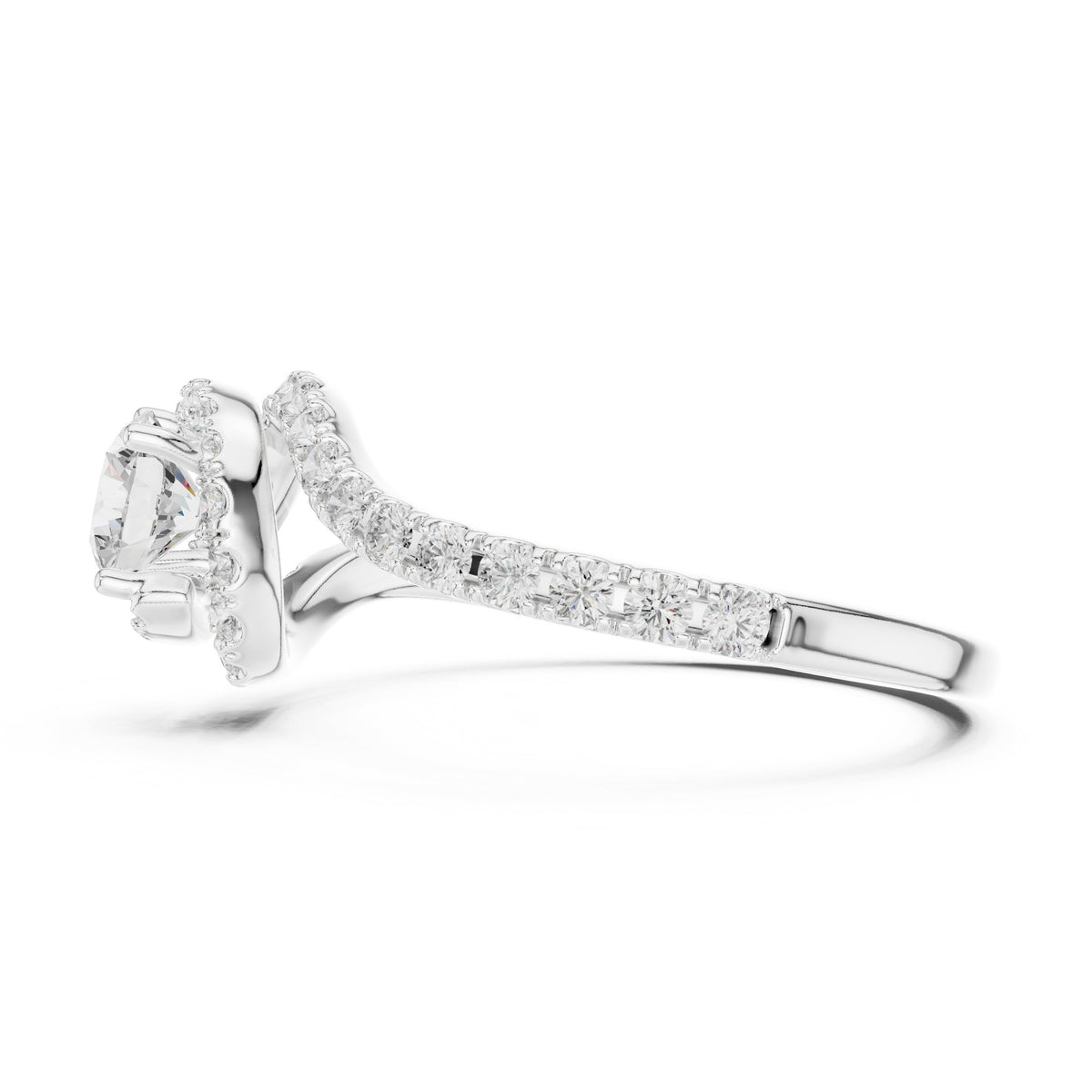 Round Diamond Halo Engagement Ring with Bypass Pavé Shank