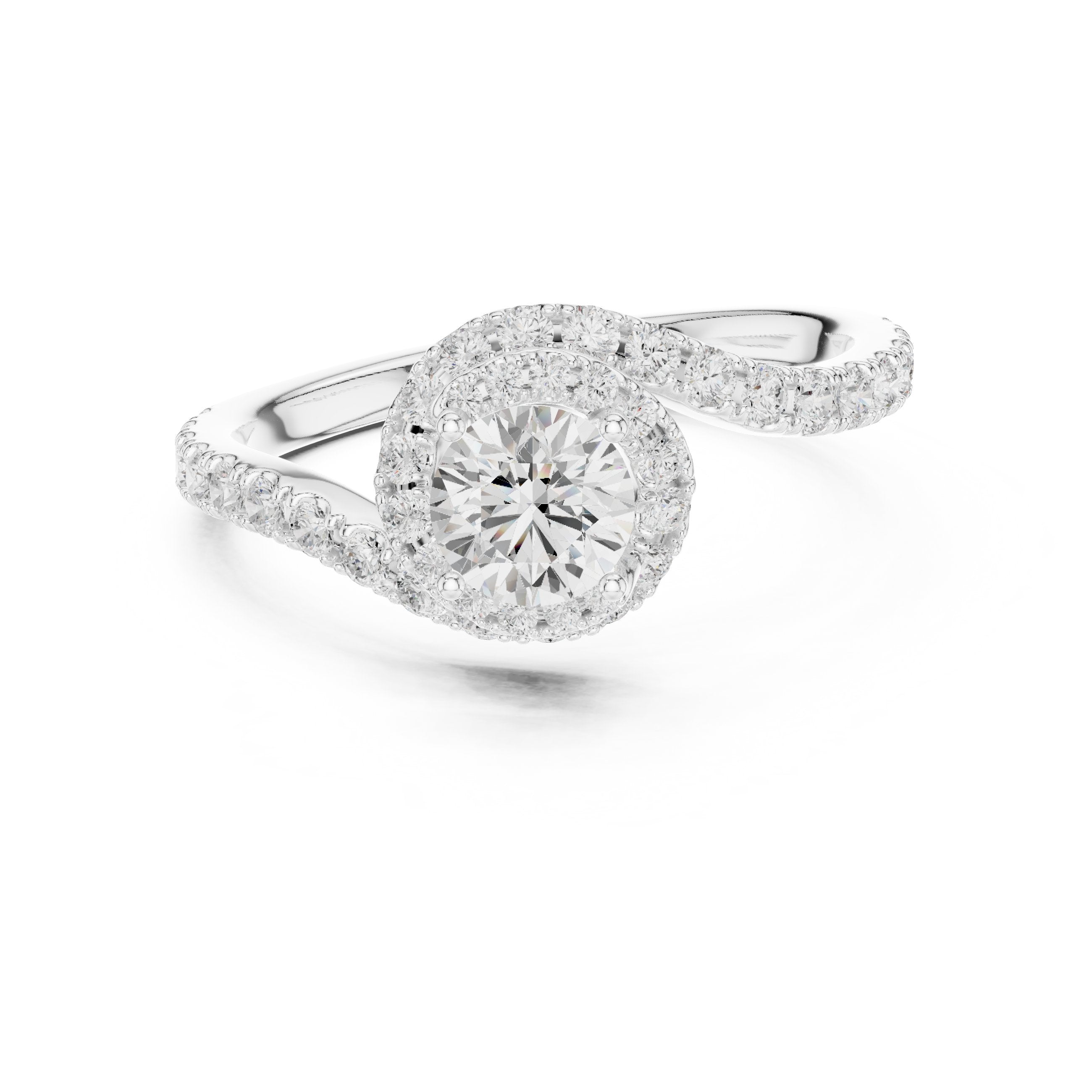 خاتم خطوبة ألماس مستدير بهالة وساق التفافي متقاطع بافيه in White Gold - VYKA Diamonds