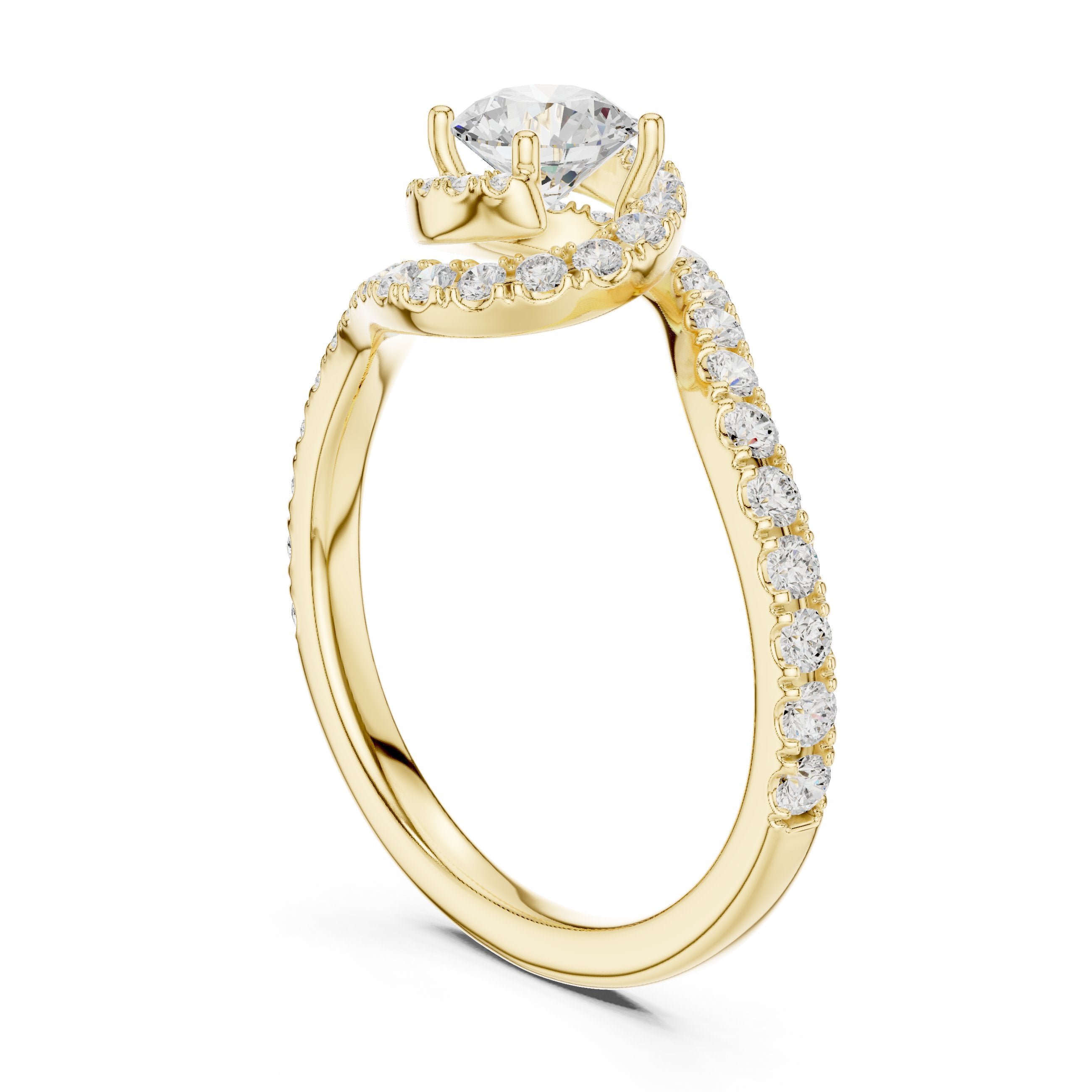 خاتم خطوبة ألماس مستدير بهالة وساق التفافي متقاطع بافيه in Yellow Gold - VYKA Diamonds