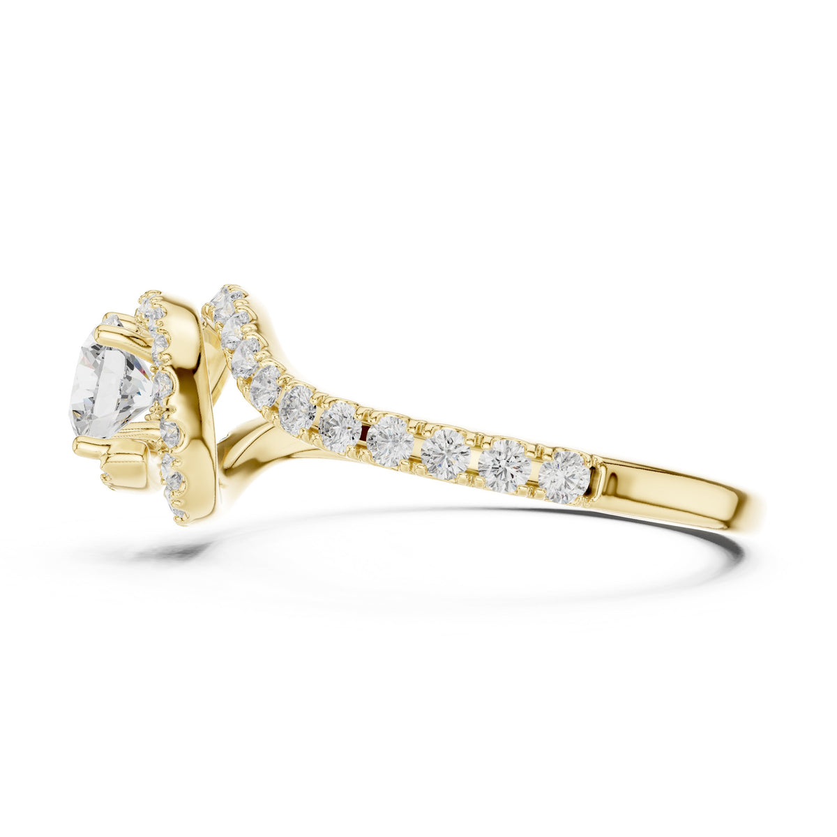 Round Diamond Halo Engagement Ring with Bypass Pavé Shank