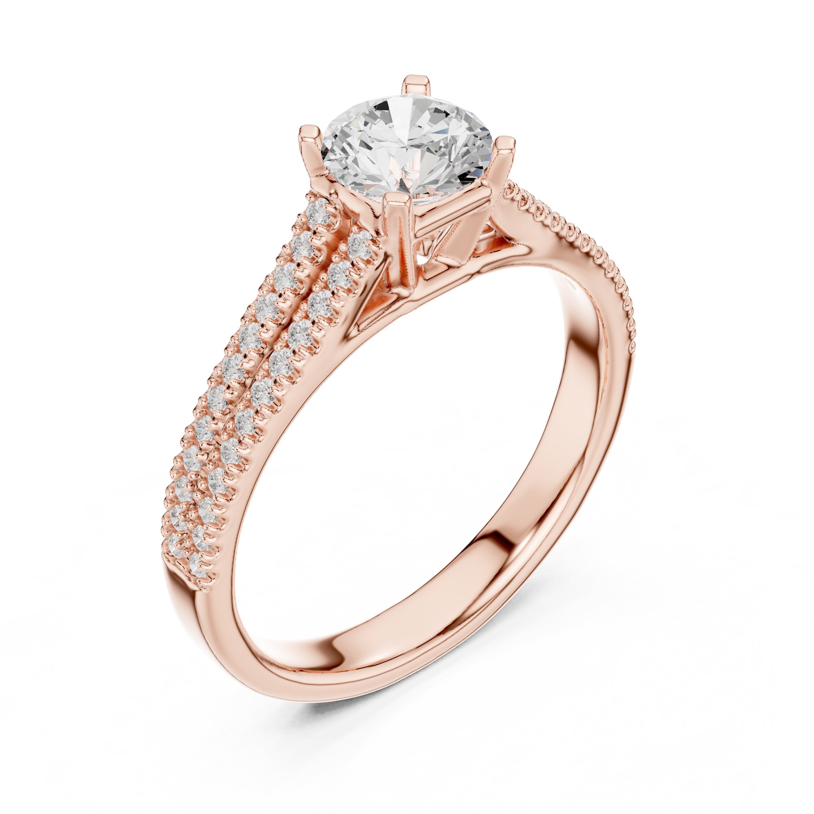 Round Diamond Engagement Ring with Wide Pavé Band in Rose Gold - VYKA Diamonds