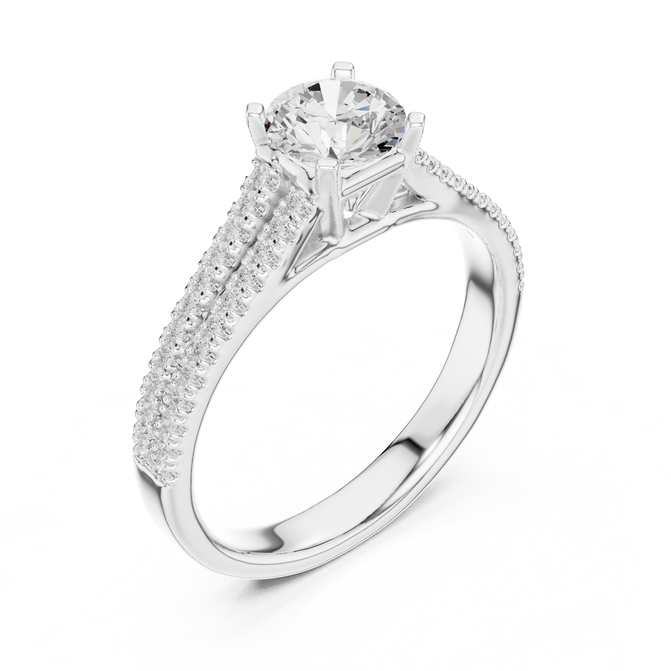 Round Diamond Engagement Ring with Wide Pavé Band in White Gold - VYKA Diamonds