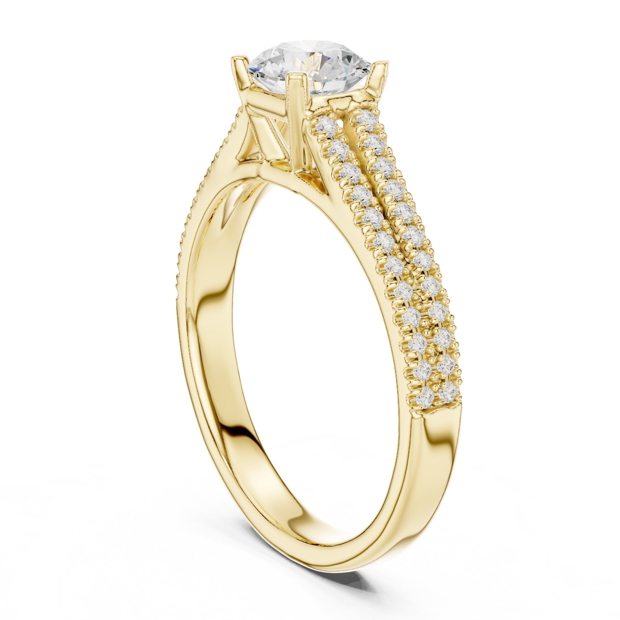 Round Diamond Engagement Ring with Wide Pavé Band in Yellow Gold - VYKA Diamonds