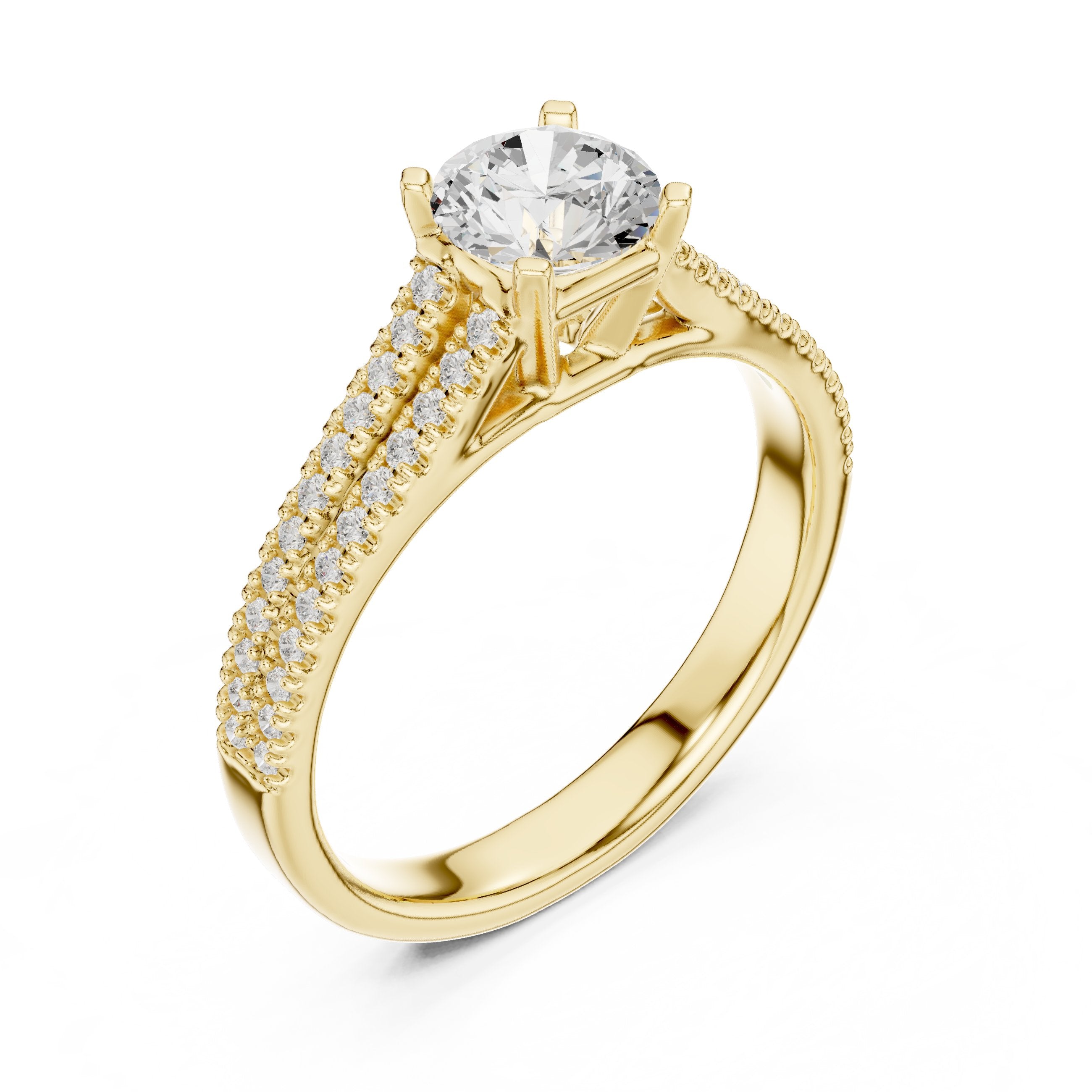 Round Diamond Engagement Ring with Wide Pavé Band in Yellow Gold - VYKA Diamonds