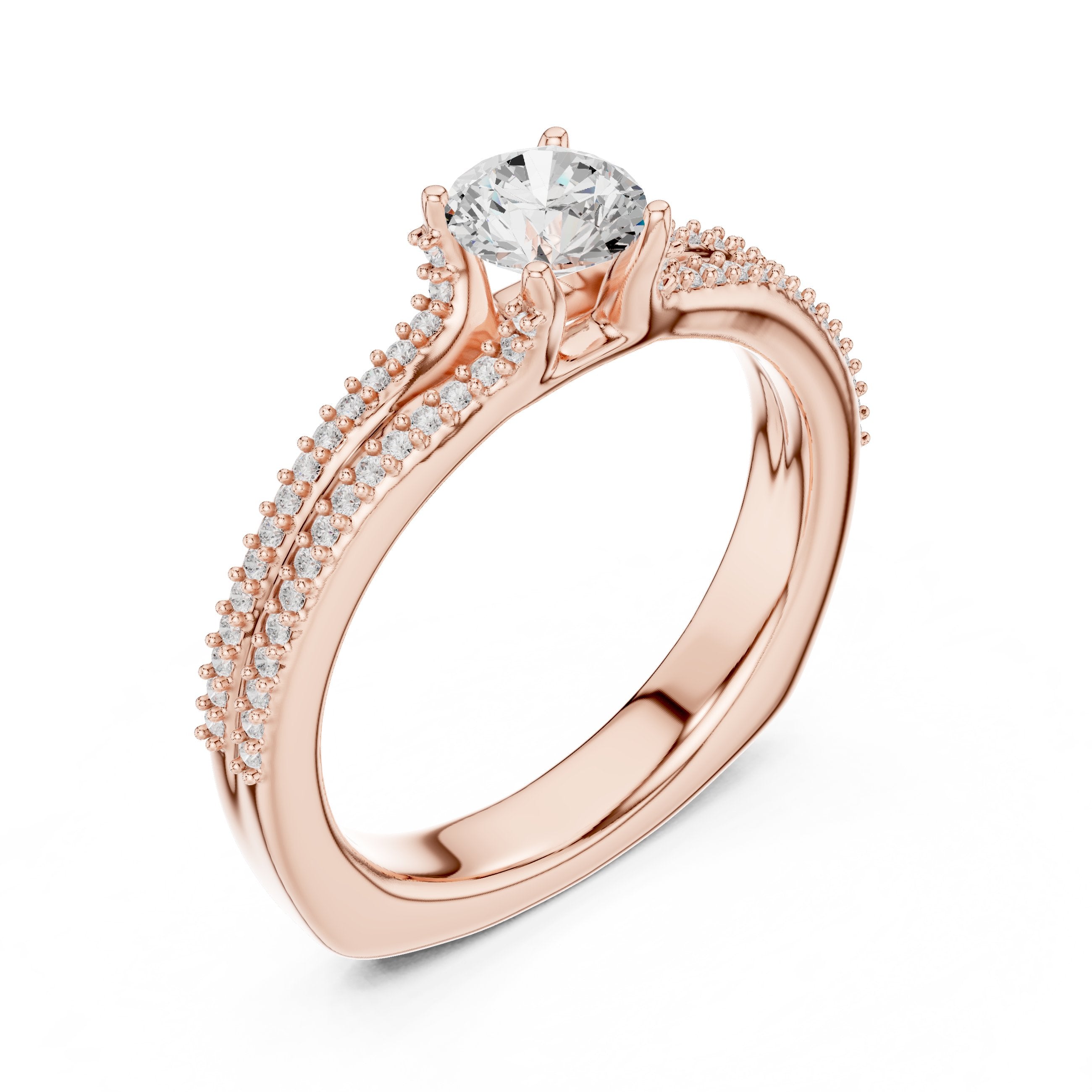 Round Diamond Engagement Ring with Double Row Pavé Band in Rose Gold - VYKA Diamonds