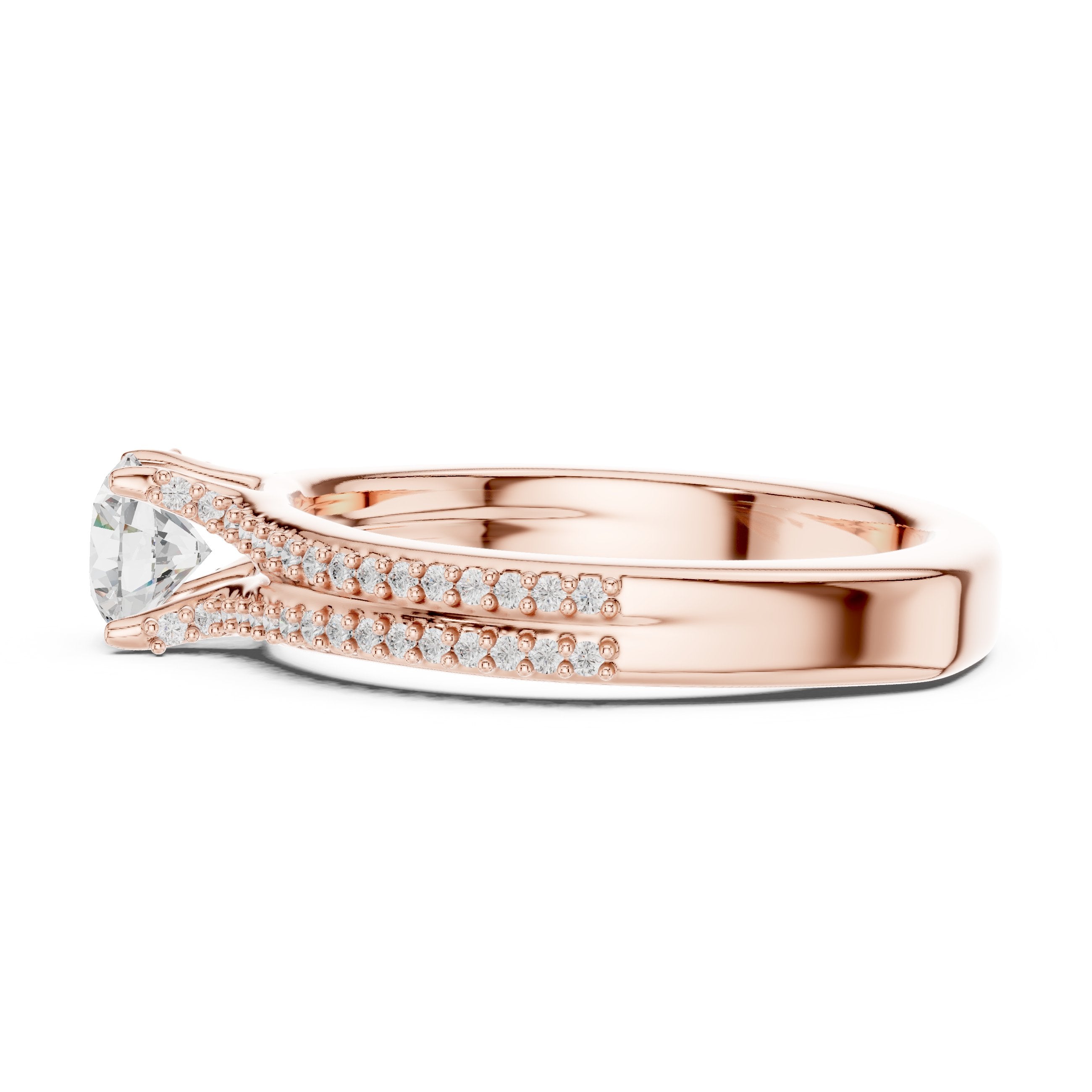 Round Diamond Engagement Ring with Double Row Pavé Band in Rose Gold - VYKA Diamonds