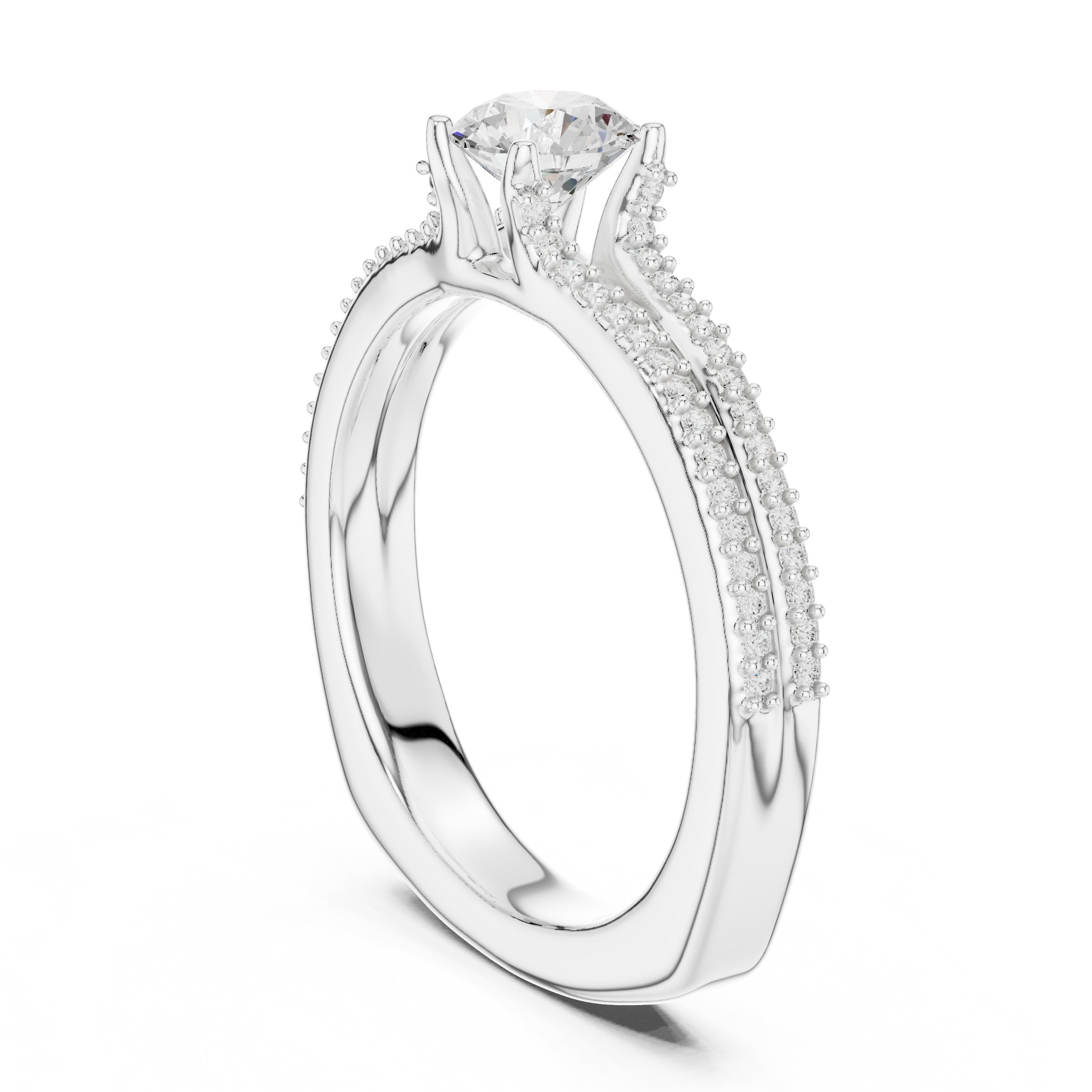 Round Diamond Engagement Ring with Double Row Pavé Band in White Gold - VYKA Diamonds