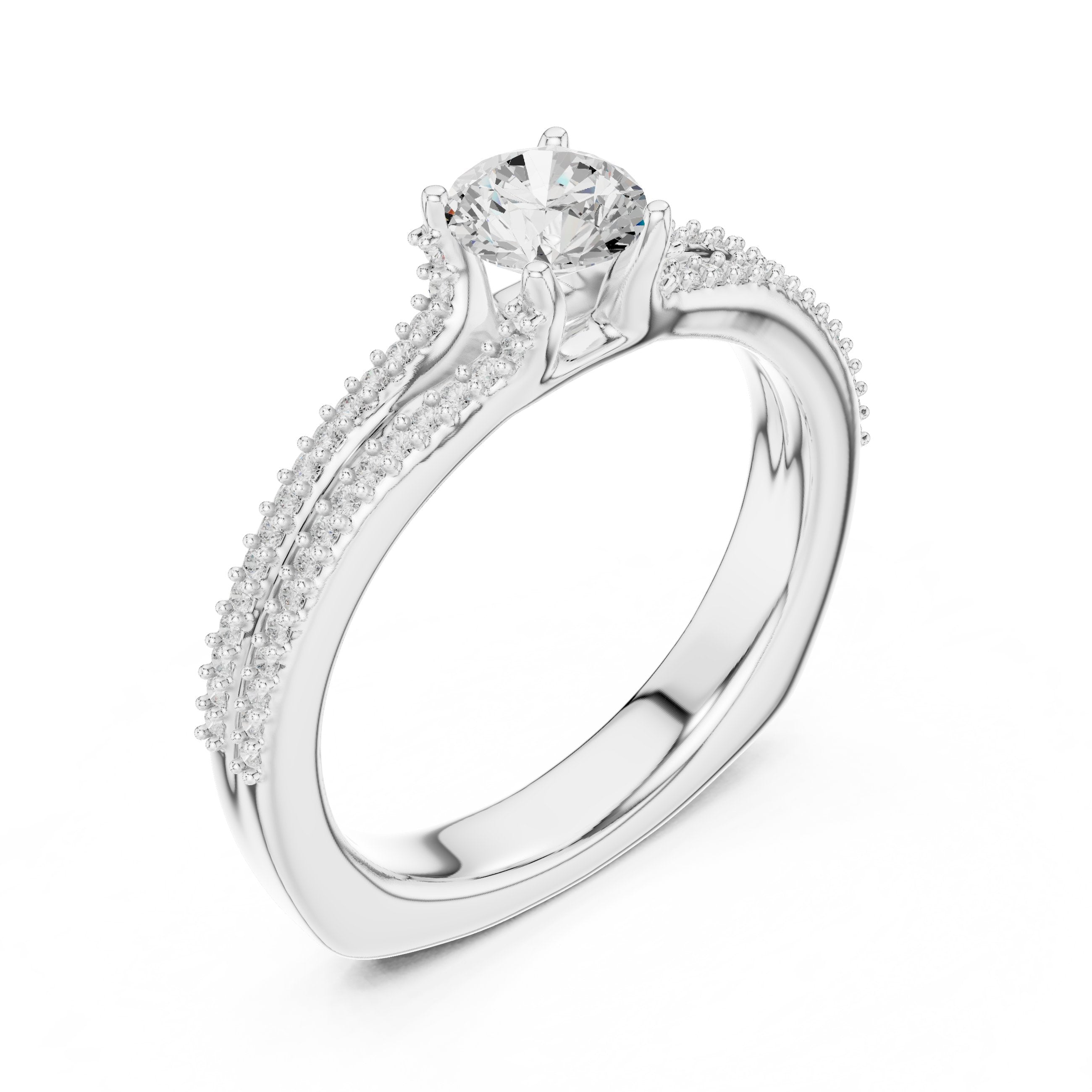 Round Diamond Engagement Ring with Double Row Pavé Band in White Gold - VYKA Diamonds