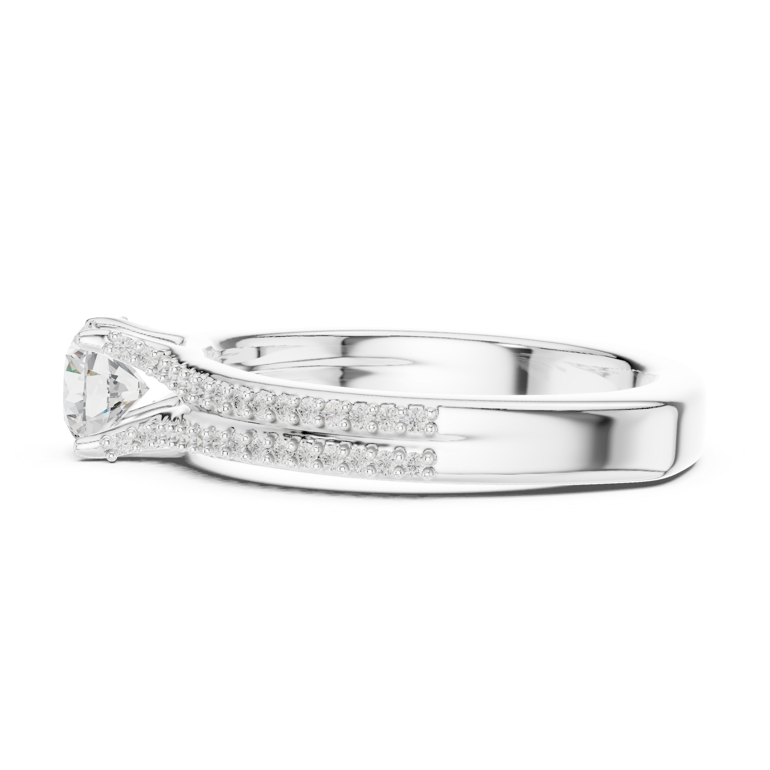 Round Diamond Engagement Ring with Double Row Pavé Band in White Gold - VYKA Diamonds