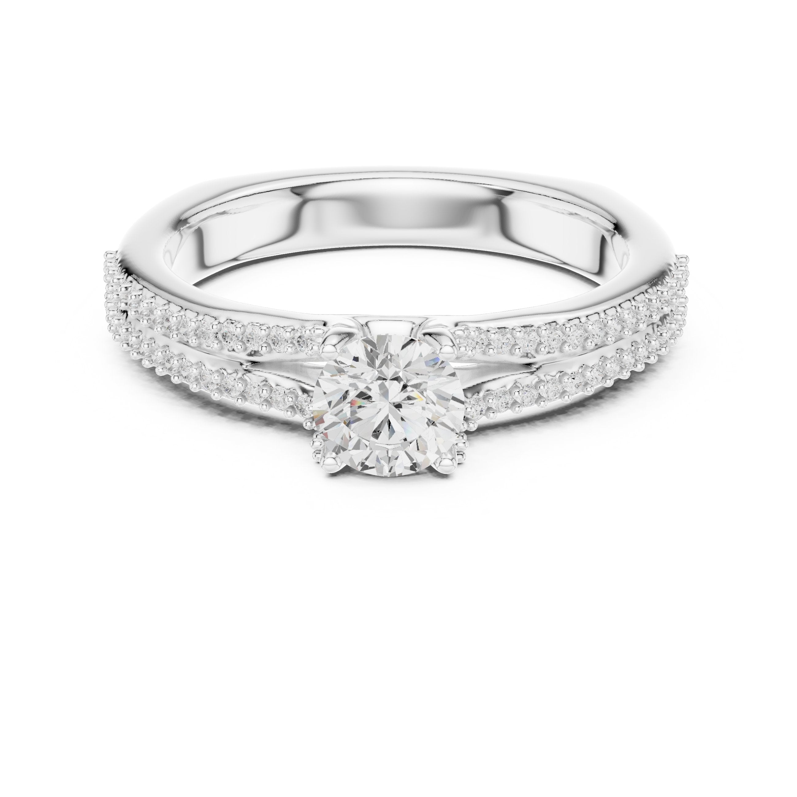 Round Diamond Engagement Ring with Double Row Pavé Band in White Gold - VYKA Diamonds