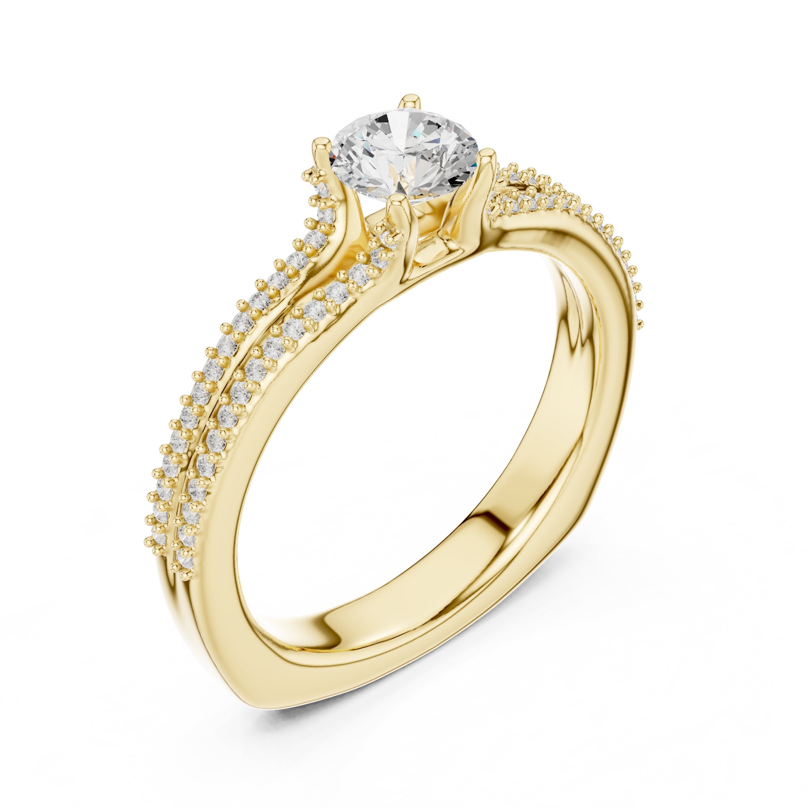 Round Diamond Engagement Ring with Double Row Pavé Band in Yellow Gold - VYKA Diamonds
