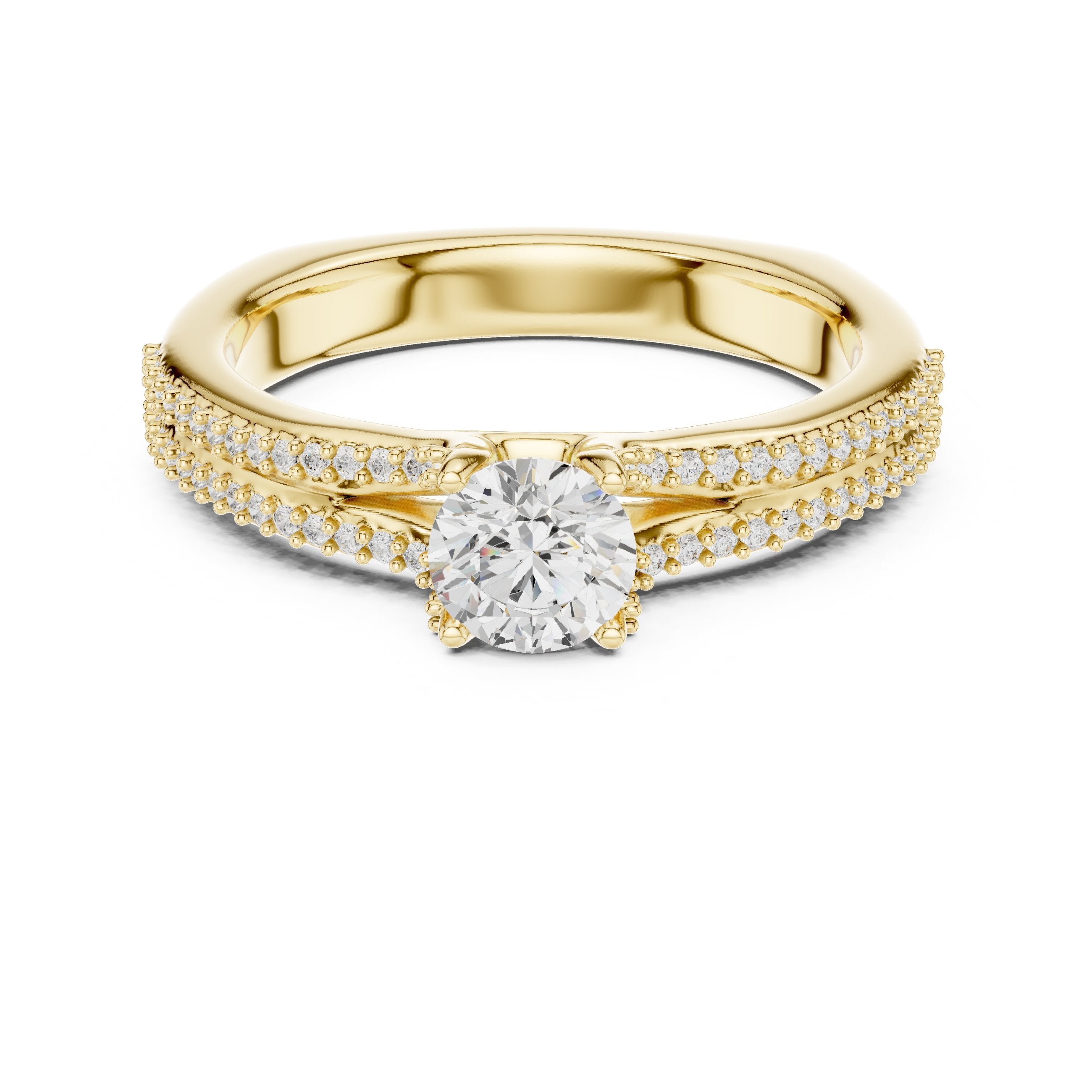 Round Diamond Engagement Ring with Double Row Pavé Band in Yellow Gold - VYKA Diamonds