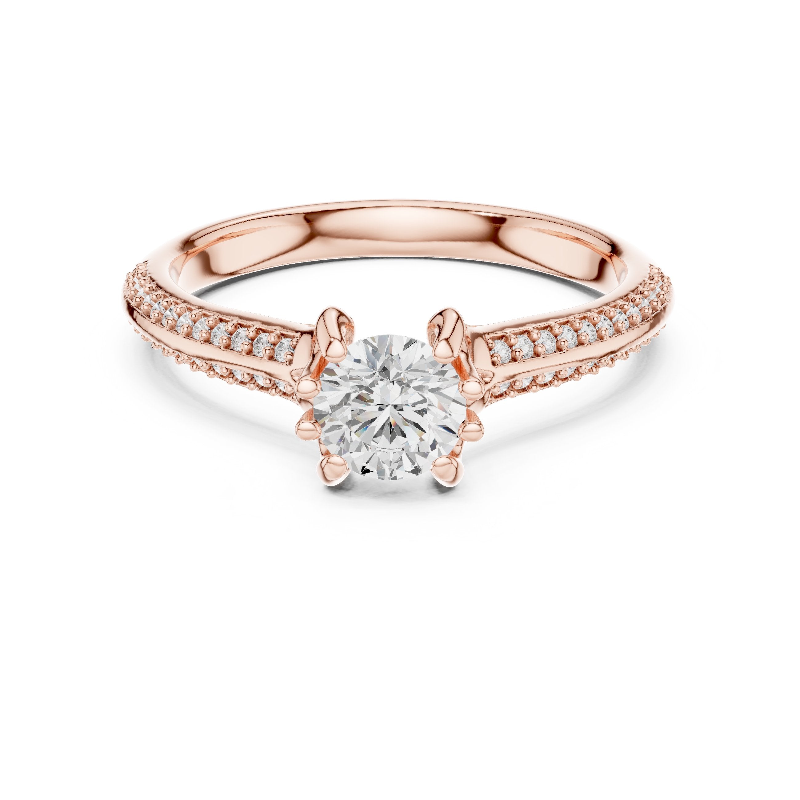 Round Diamond Engagement Ring with Tramline Pavé Band in Rose Gold - VYKA Diamonds
