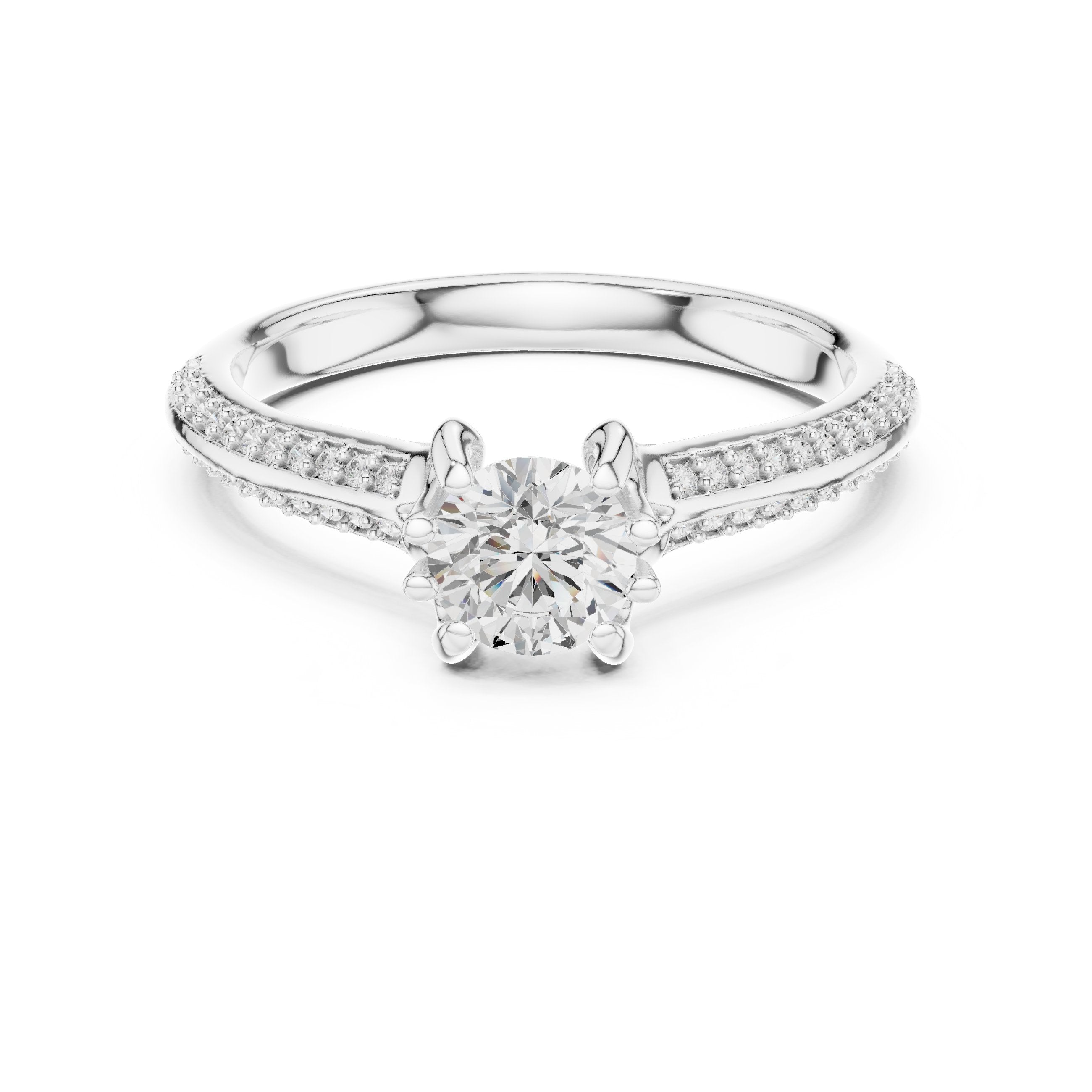 Round Diamond Engagement Ring with Tramline Pavé Band in White Gold - VYKA Diamonds