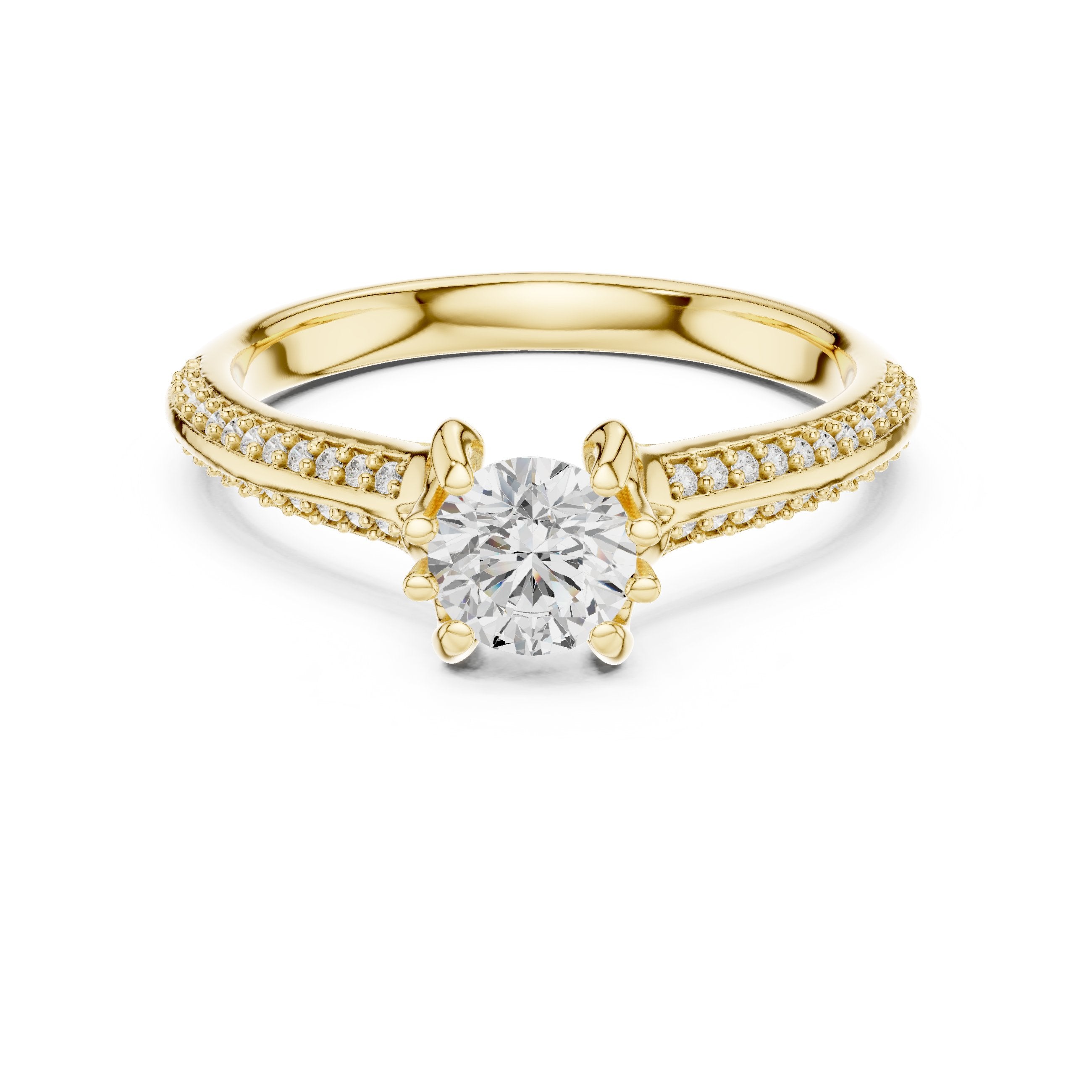 Round Diamond Engagement Ring with Tramline Pavé Band in Yellow Gold - VYKA Diamonds