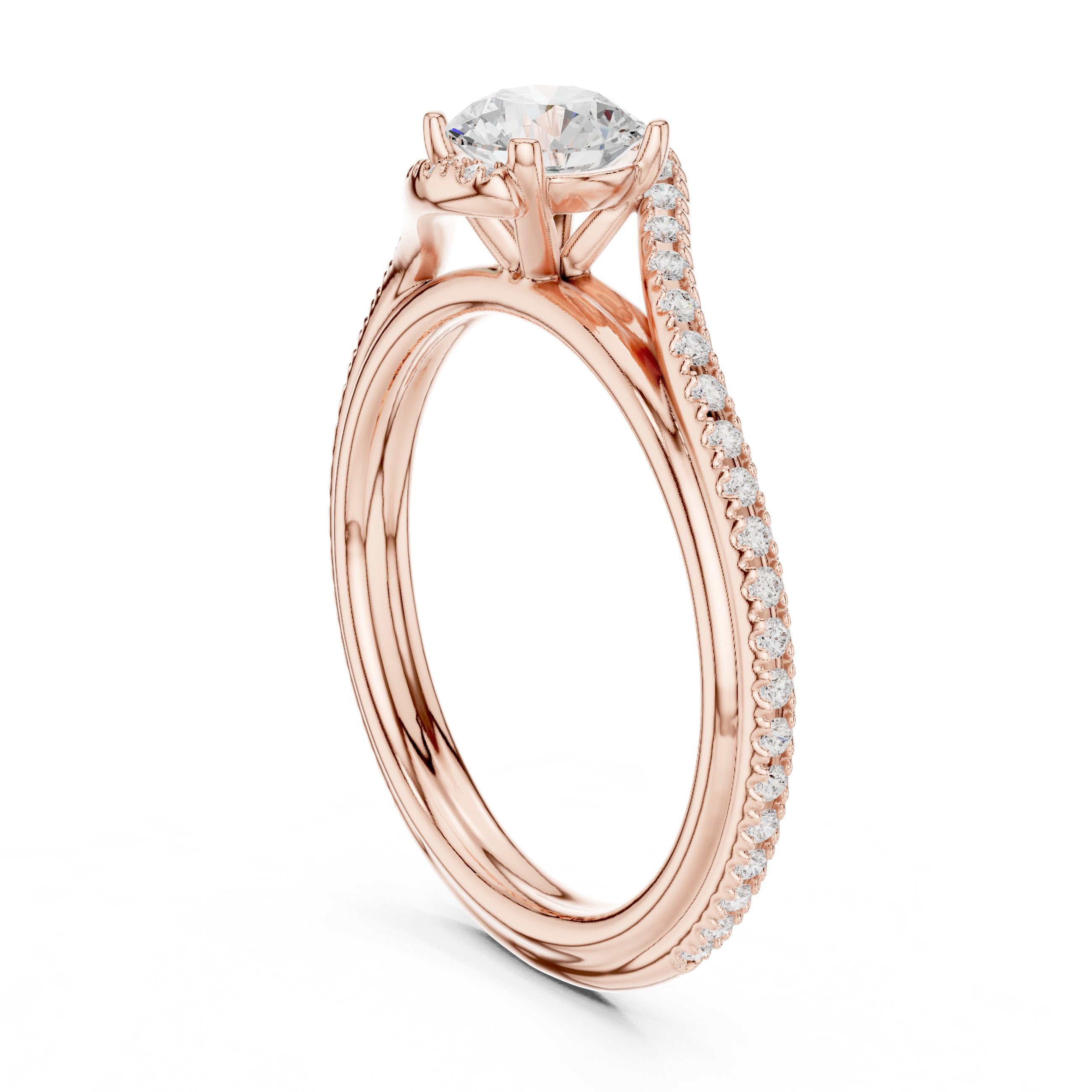 Round Diamond Engagement Ring with Bypass Pavé Twist Shank in Rose Gold - VYKA Diamonds