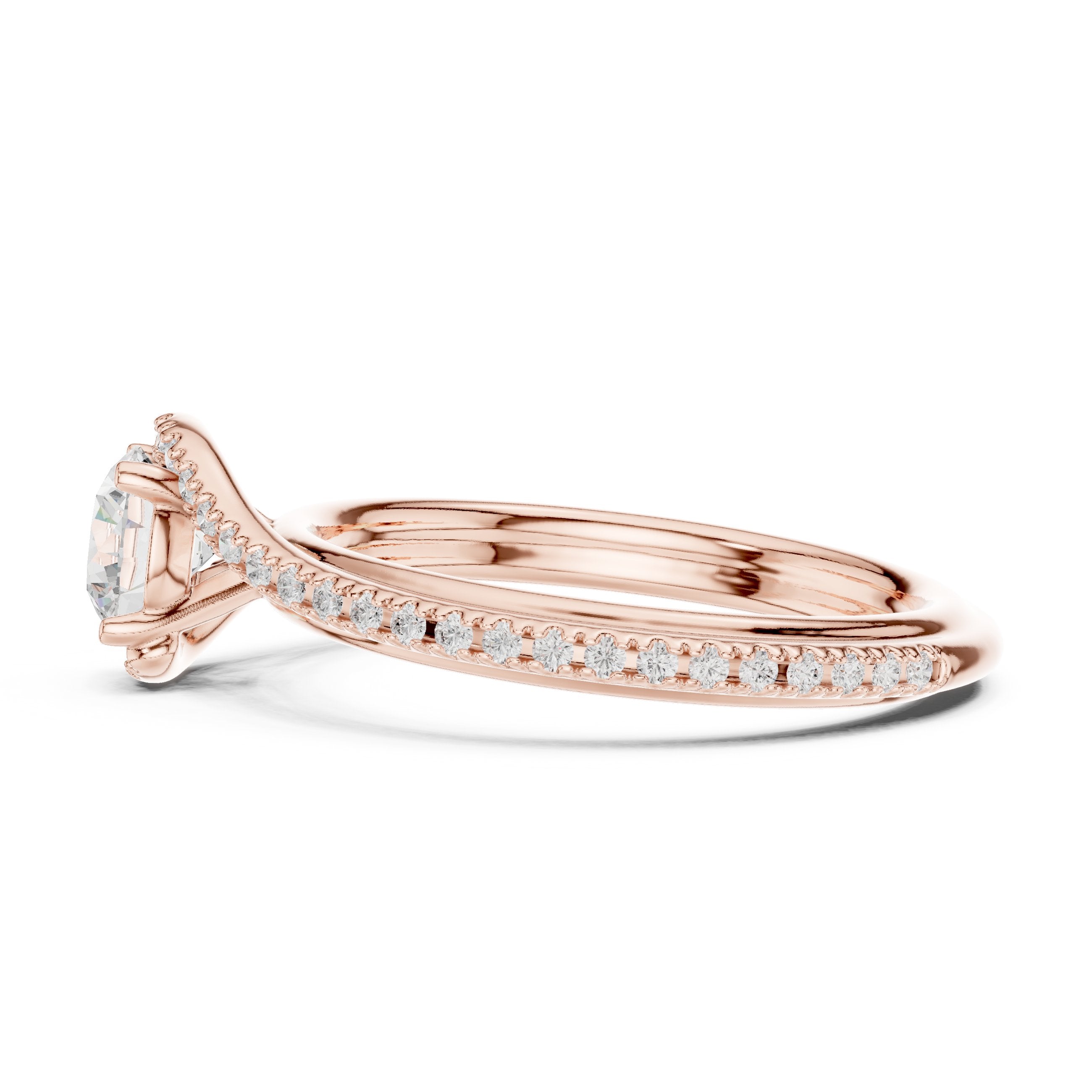 Round Diamond Engagement Ring with Bypass Pavé Twist Shank in Rose Gold - VYKA Diamonds