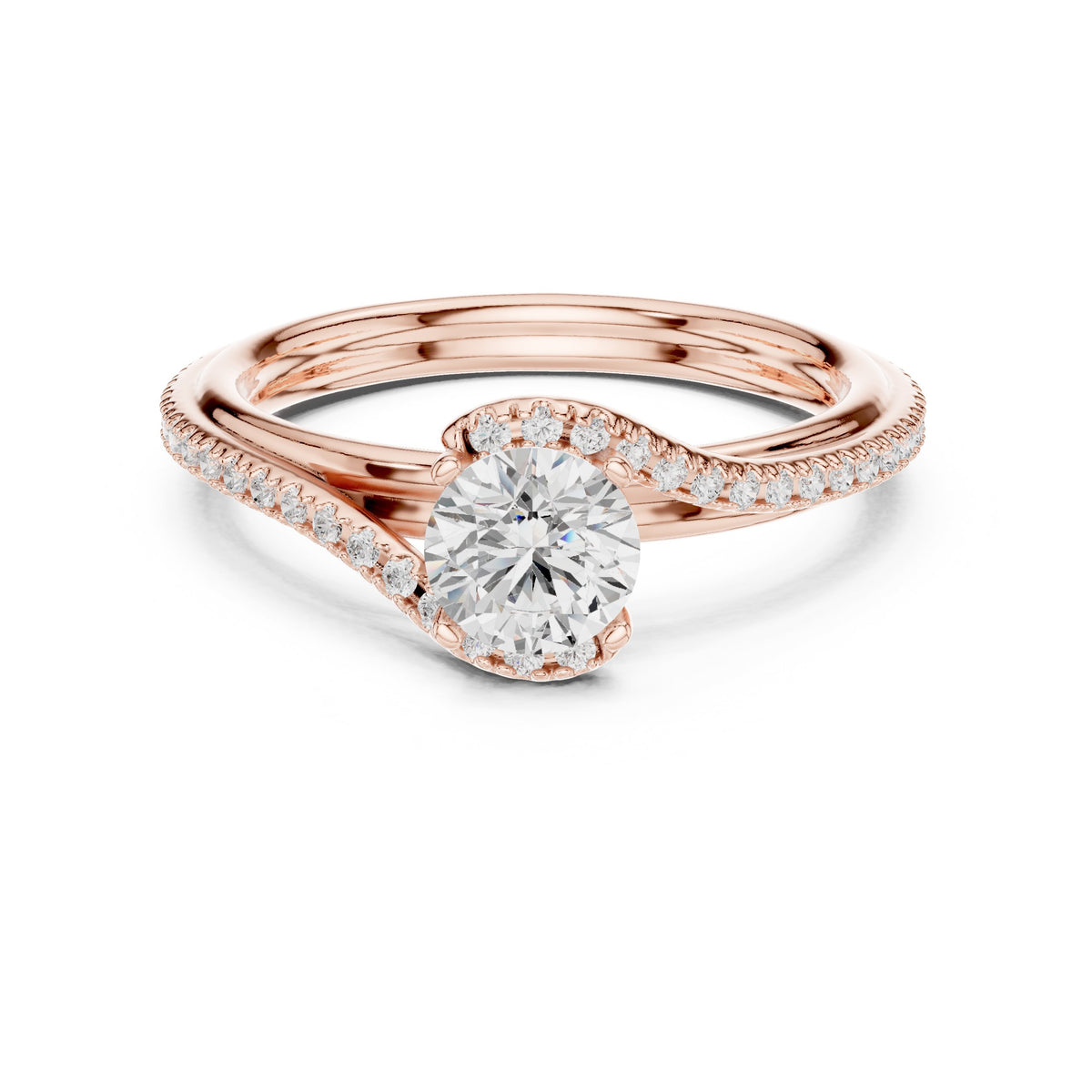 Round Diamond Engagement Ring with Bypass Pavé Twist Shank