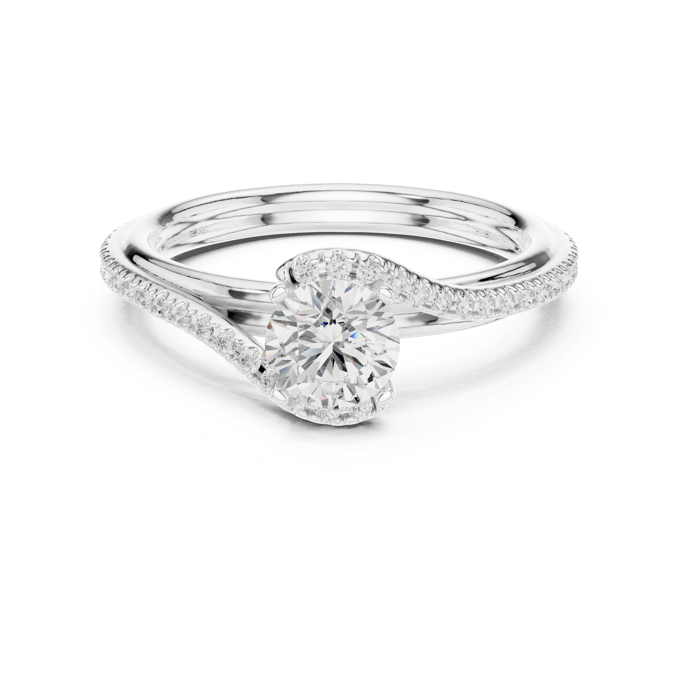 Round Diamond Engagement Ring with Bypass Pavé Twist Shank in White Gold - VYKA Diamonds