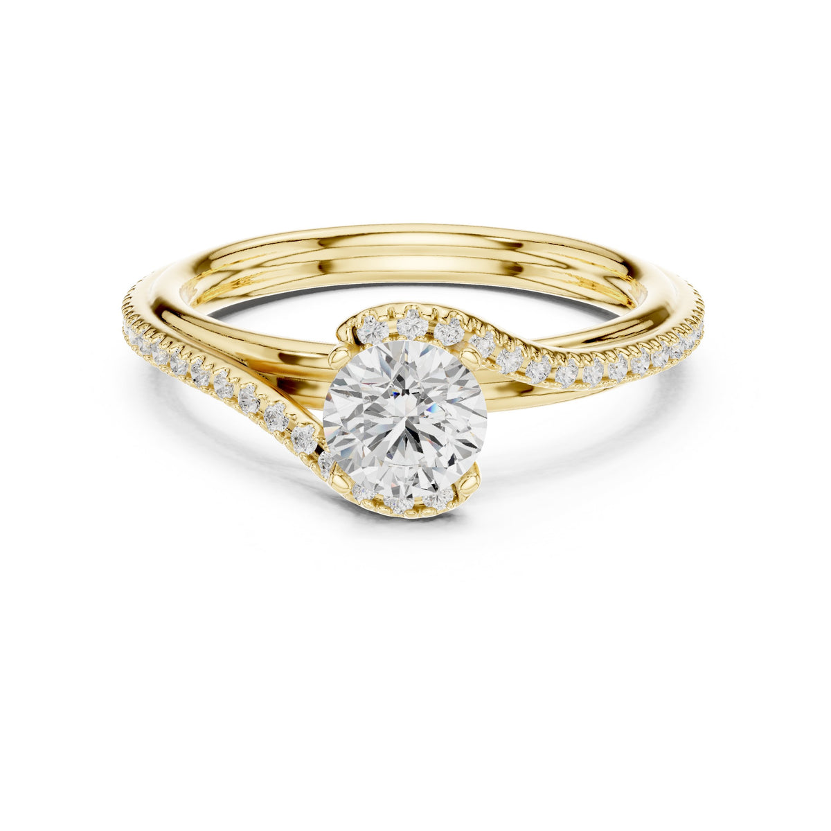 Round Diamond Engagement Ring with Bypass Pavé Twist Shank
