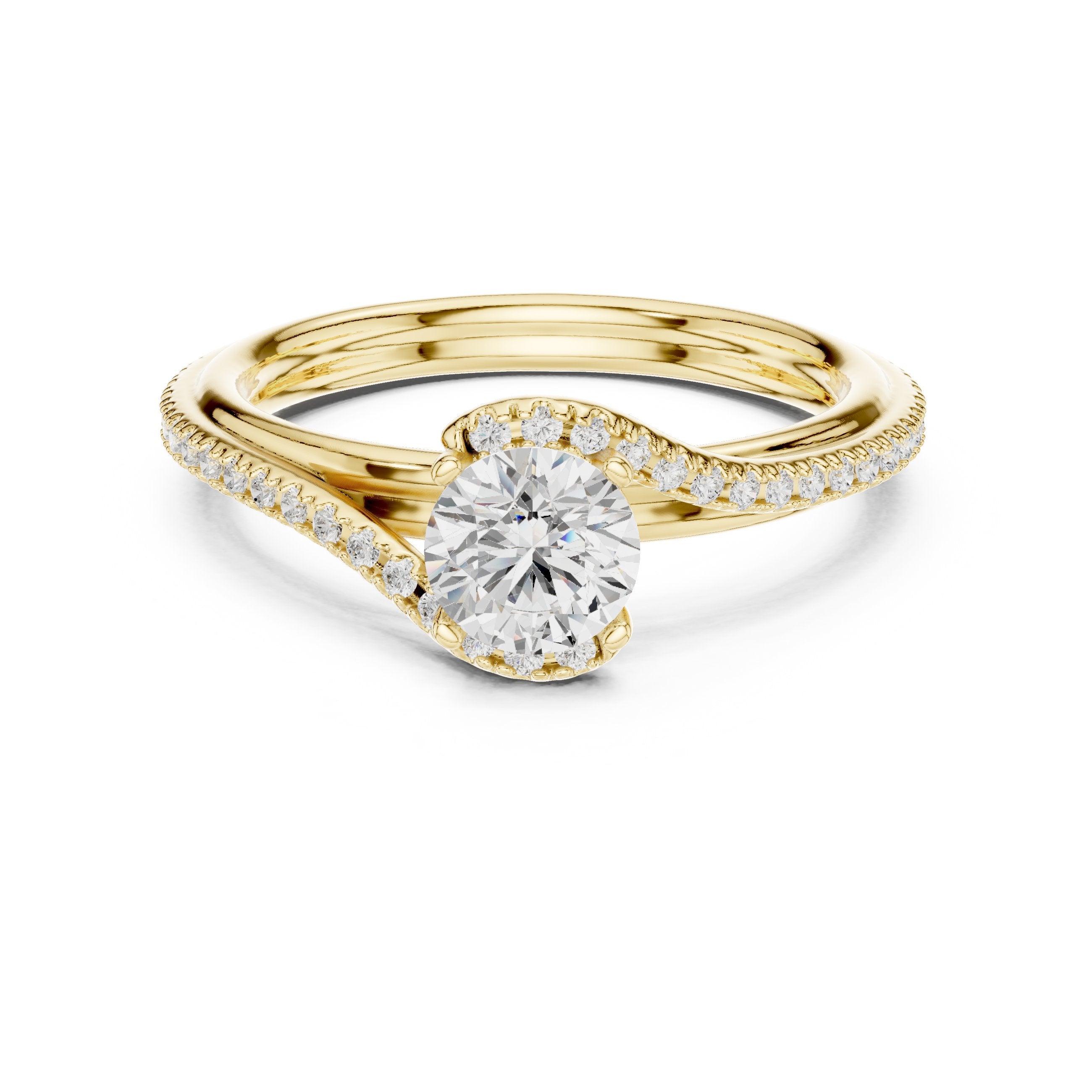 Round Diamond Engagement Ring with Bypass Pavé Twist Shank in Yellow Gold - VYKA Diamonds