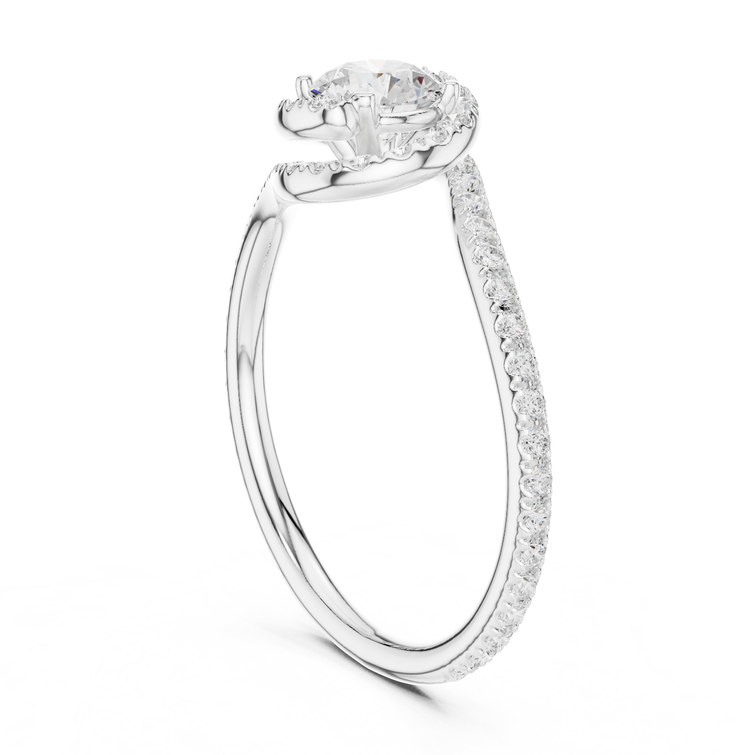 Round Diamond Bypass Halo Engagement Ring with Pavé Band in White Gold - VYKA Diamonds