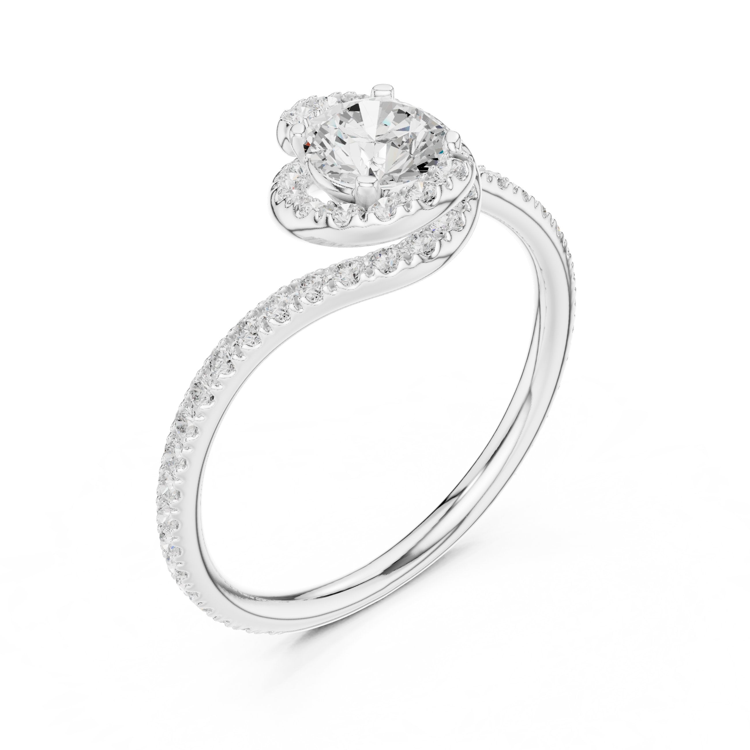 Round Diamond Bypass Halo Engagement Ring with Pavé Band in White Gold - VYKA Diamonds