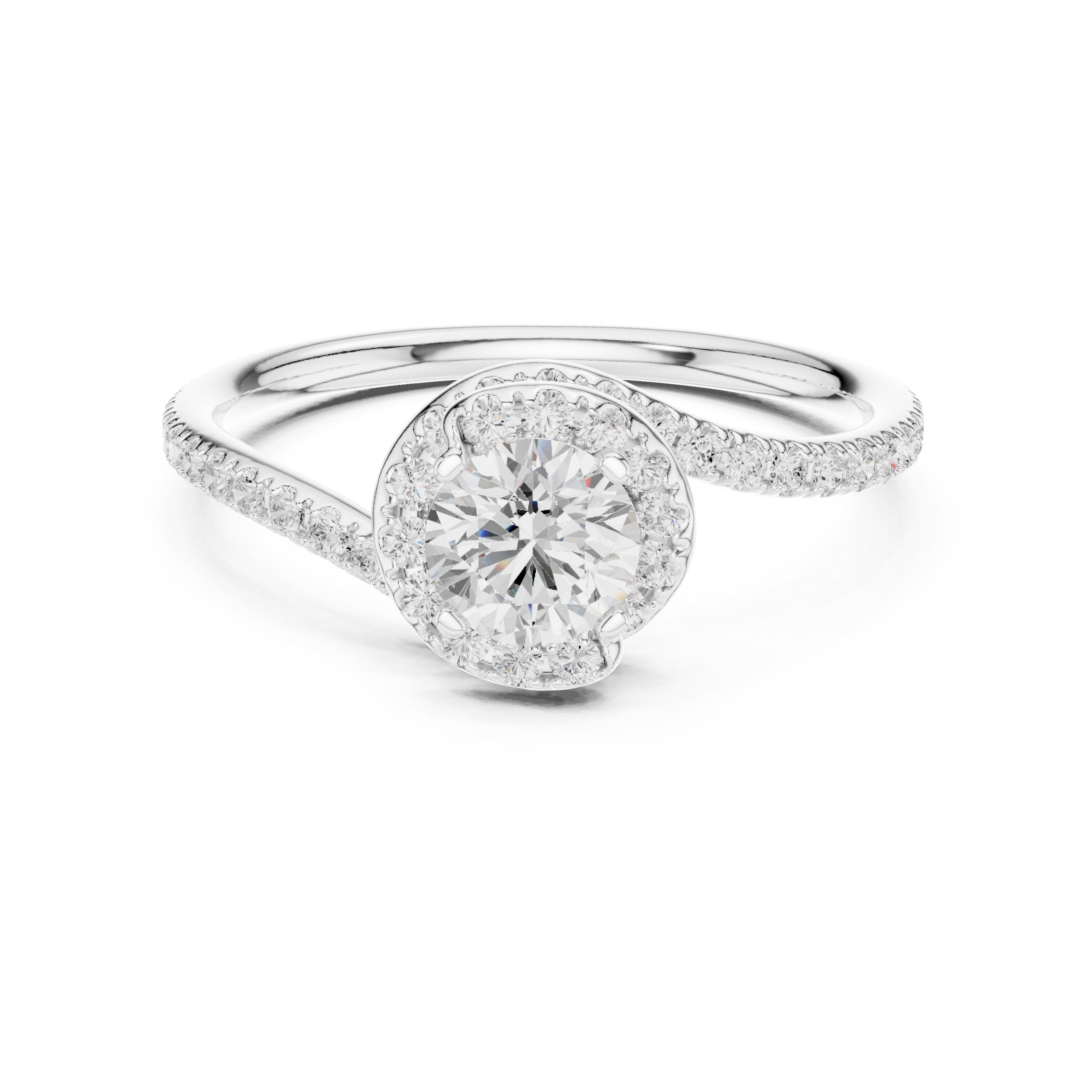 Round Diamond Bypass Halo Engagement Ring with Pavé Band in White Gold - VYKA Diamonds