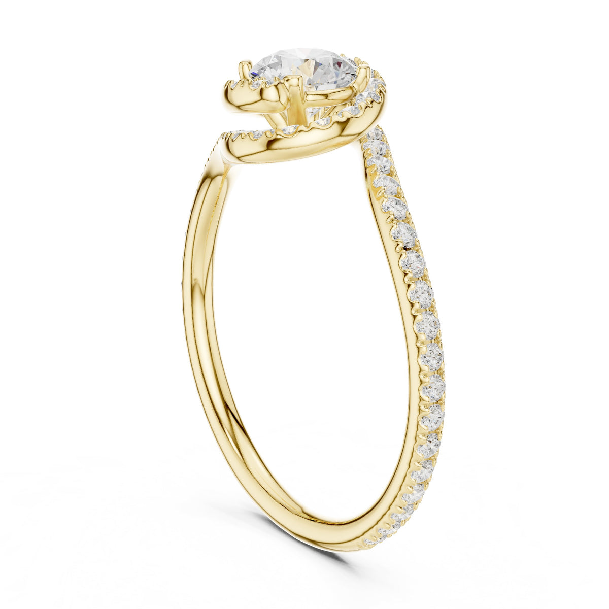 Round Diamond Bypass Halo Engagement Ring with Pavé Band
