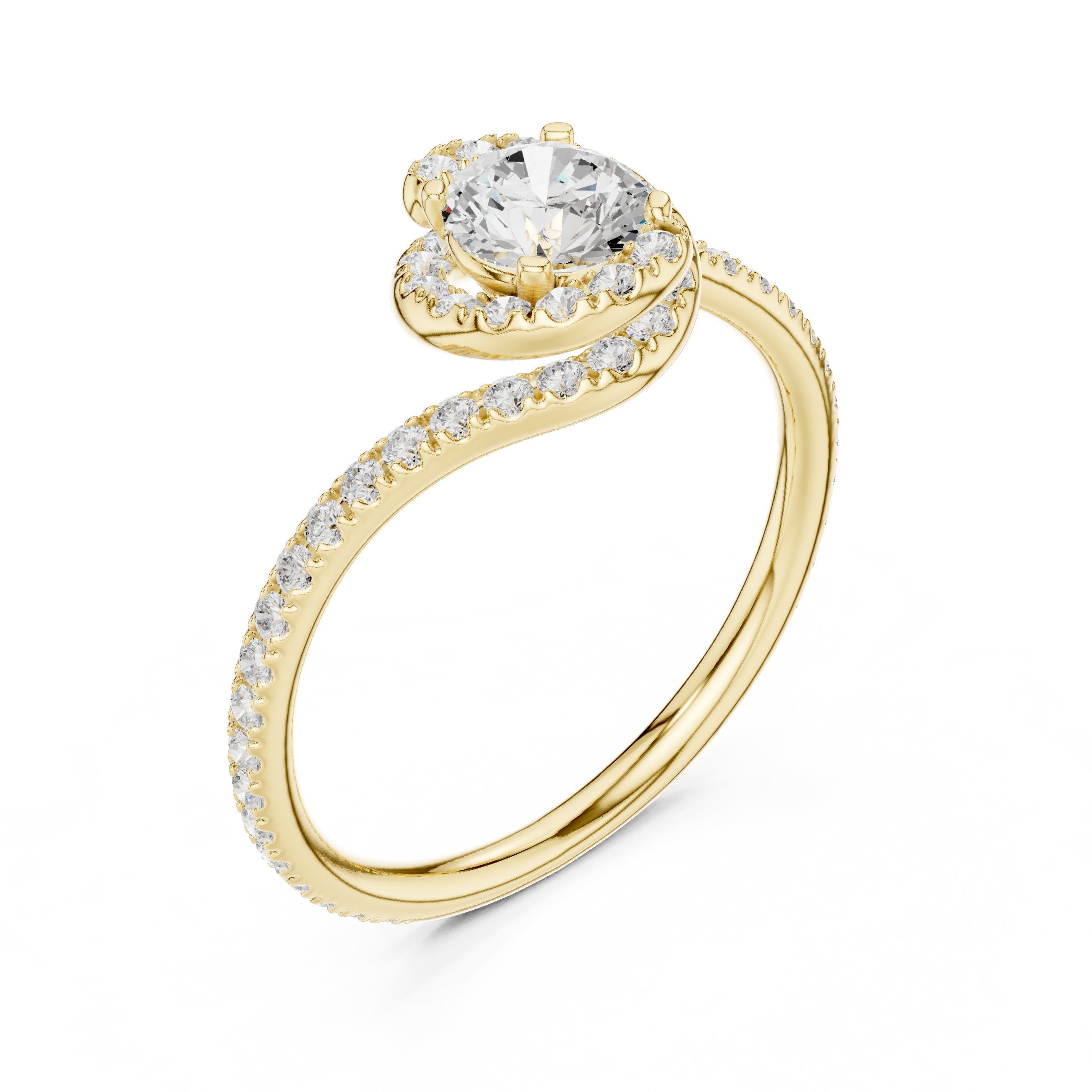 Round Diamond Bypass Halo Engagement Ring with Pavé Band in Yellow Gold - VYKA Diamonds