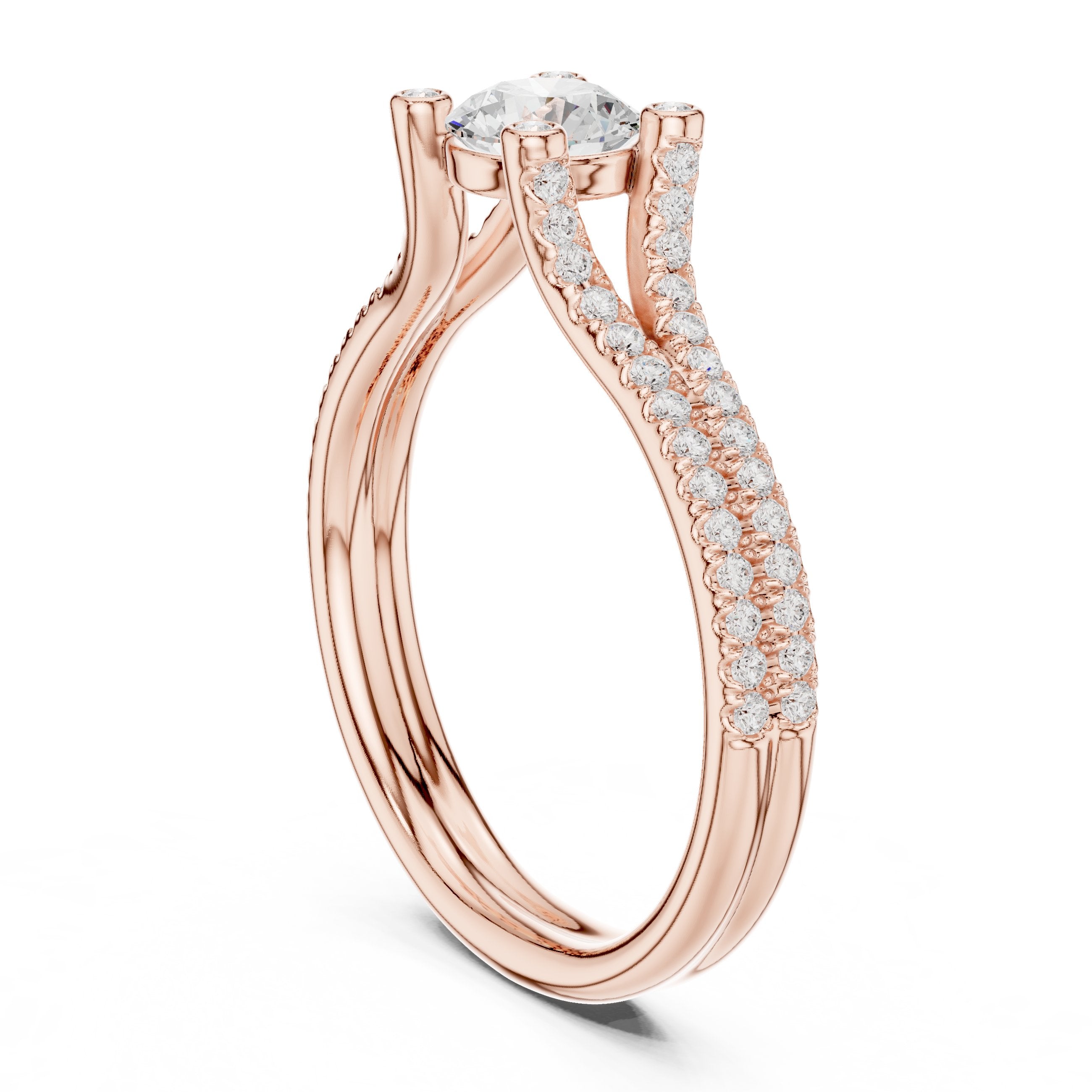 خاتم خطوبة ألماس مستدير بساق منقسم بافيه وتفاصيل جانبية in Rose Gold - VYKA Diamonds