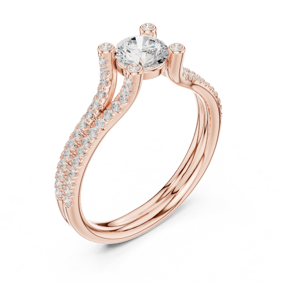 Round Diamond Split Shank Engagement Ring with Pavé Band and Side Accents