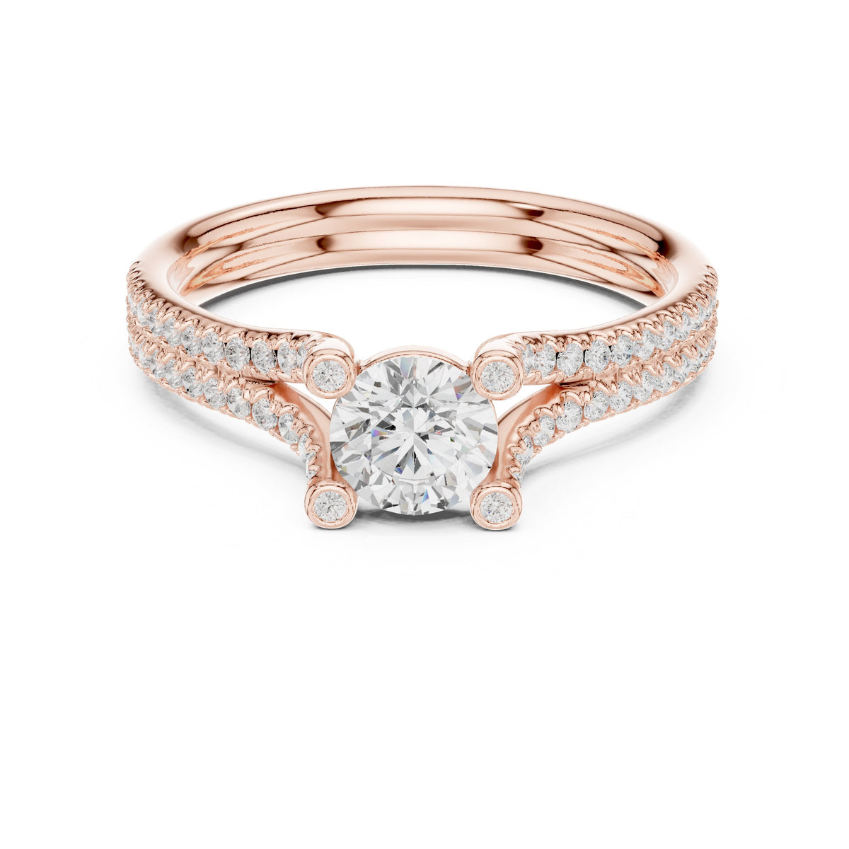 Round Diamond Split Shank Engagement Ring with Pavé Band and Side Accents