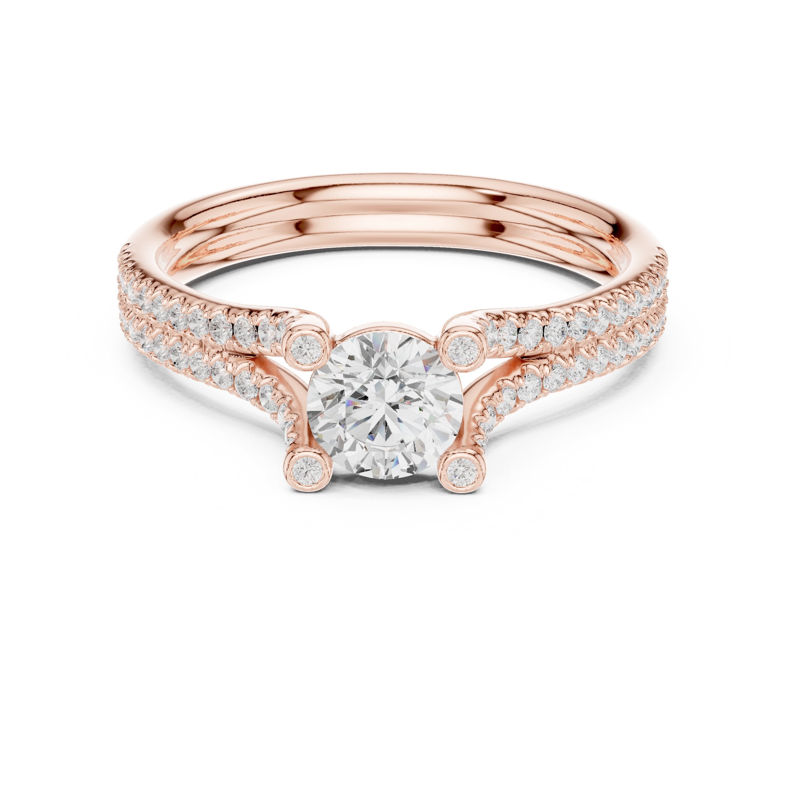 خاتم خطوبة ألماس مستدير بساق منقسم بافيه وتفاصيل جانبية in Rose Gold - VYKA Diamonds