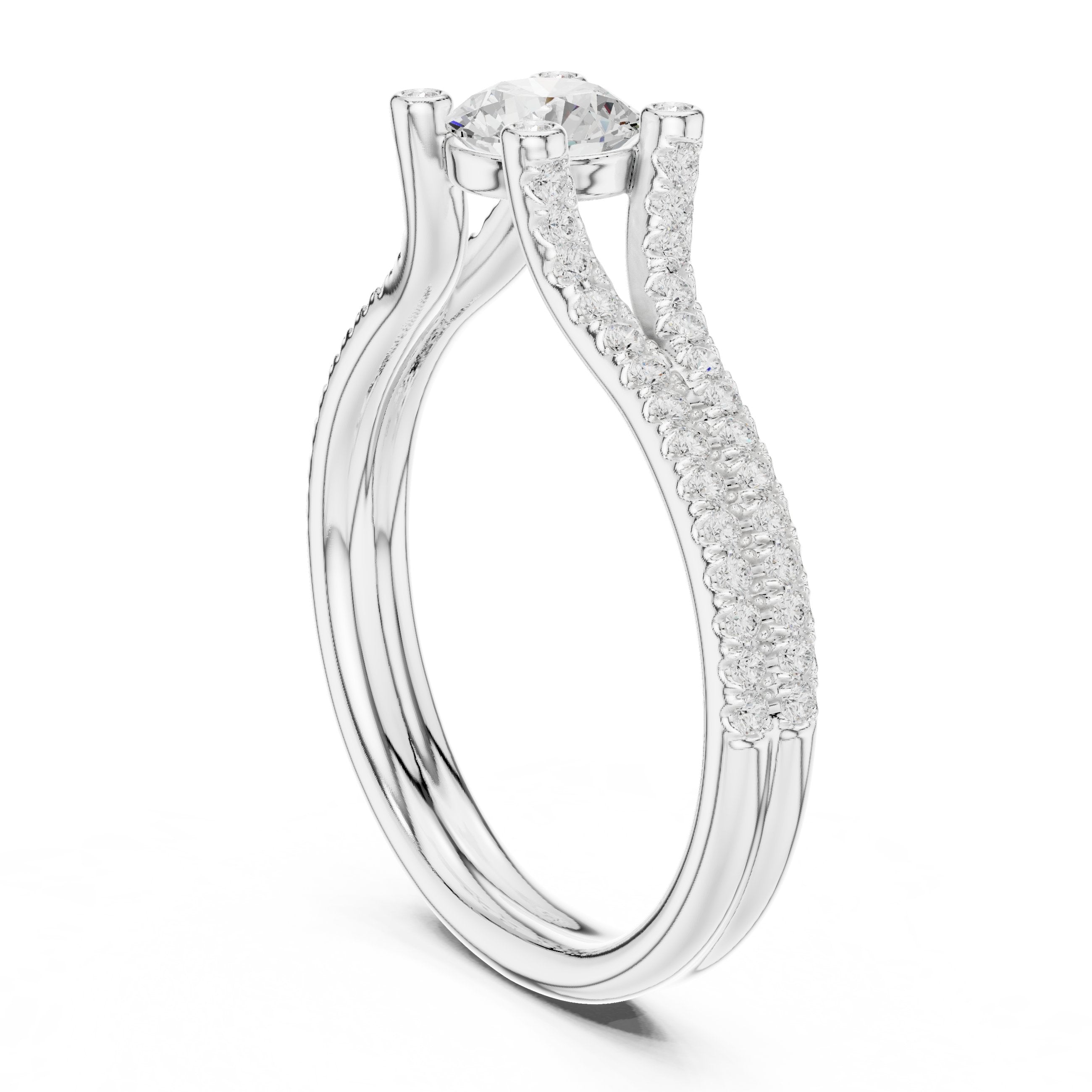 خاتم خطوبة ألماس مستدير بساق منقسم بافيه وتفاصيل جانبية in White Gold - VYKA Diamonds