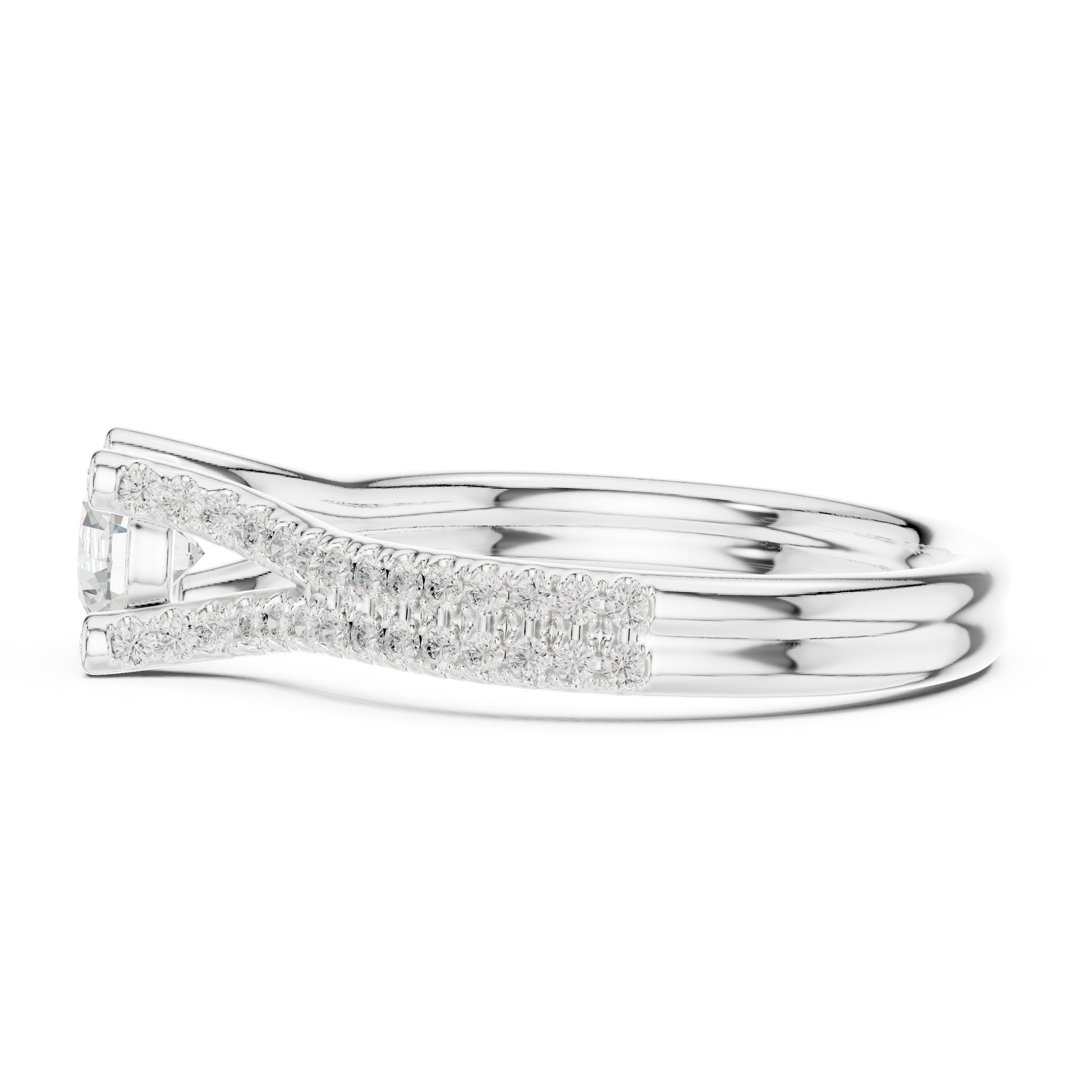 خاتم خطوبة ألماس مستدير بساق منقسم بافيه وتفاصيل جانبية in White Gold - VYKA Diamonds