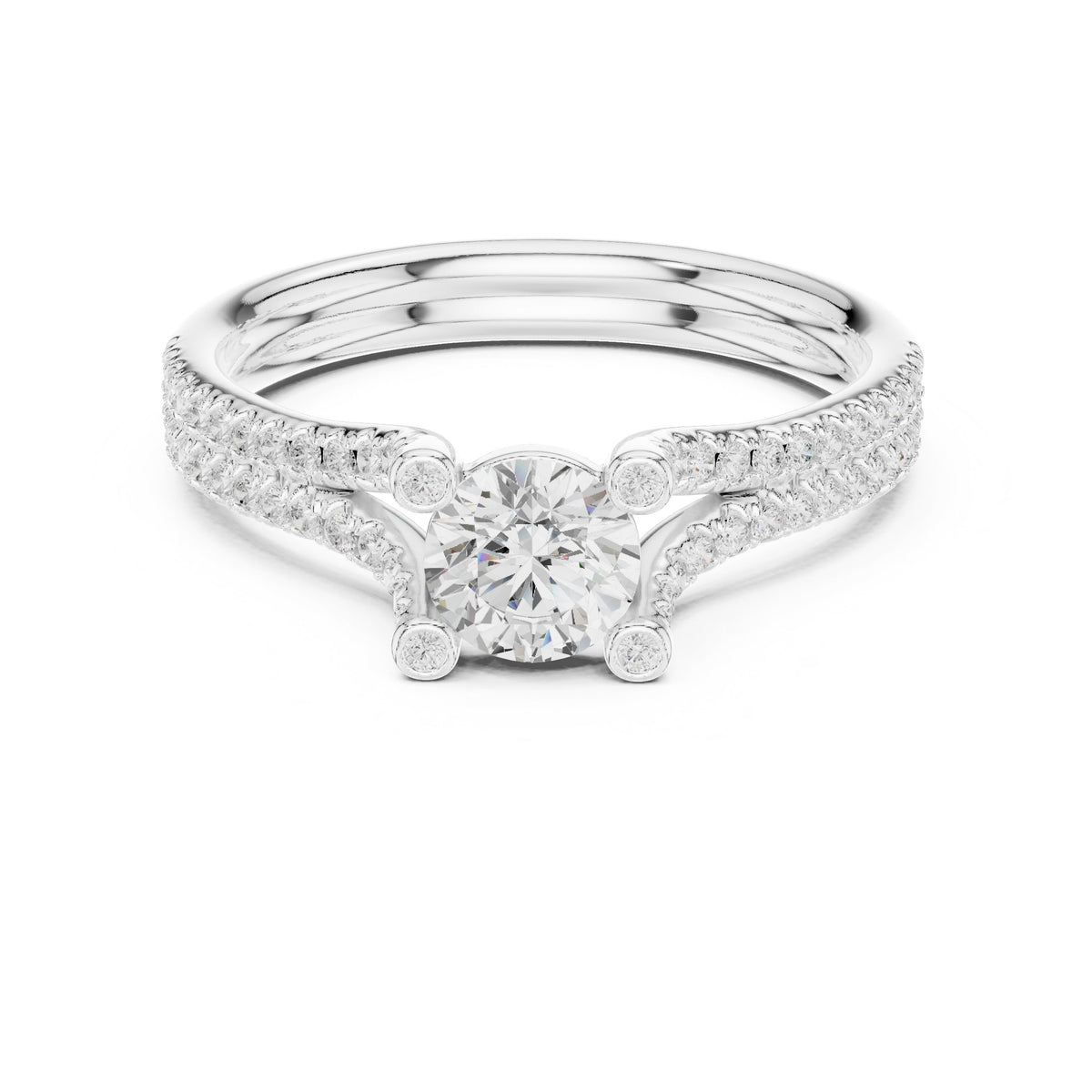 Round Diamond Split Shank Engagement Ring with Pavé Band and Side Accents