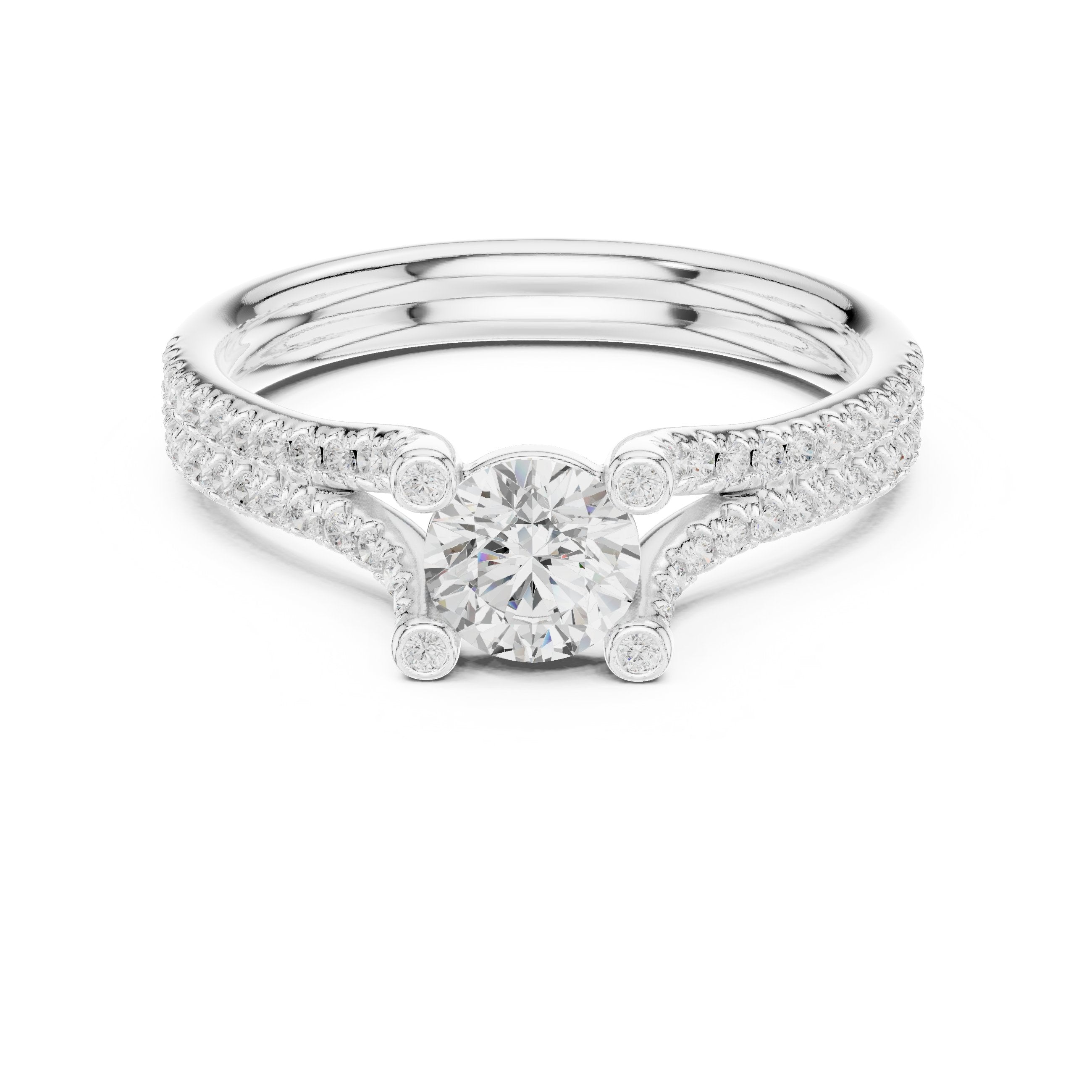 خاتم خطوبة ألماس مستدير بساق منقسم بافيه وتفاصيل جانبية in White Gold - VYKA Diamonds