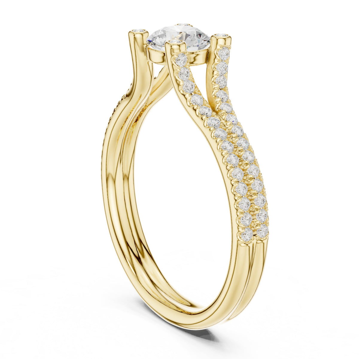 Round Diamond Split Shank Engagement Ring with Pavé Band and Side Accents