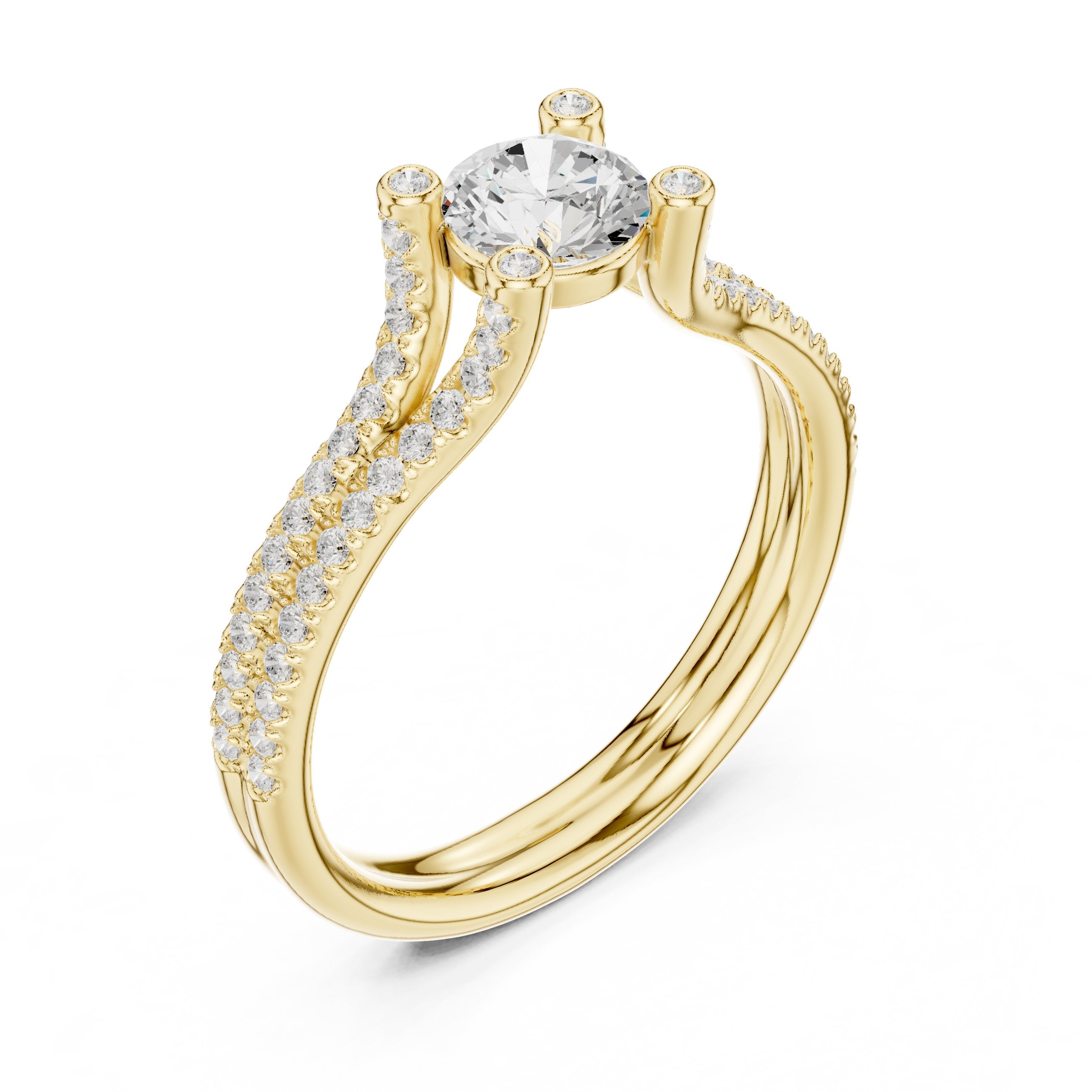 خاتم خطوبة ألماس مستدير بساق منقسم بافيه وتفاصيل جانبية in Yellow Gold - VYKA Diamonds